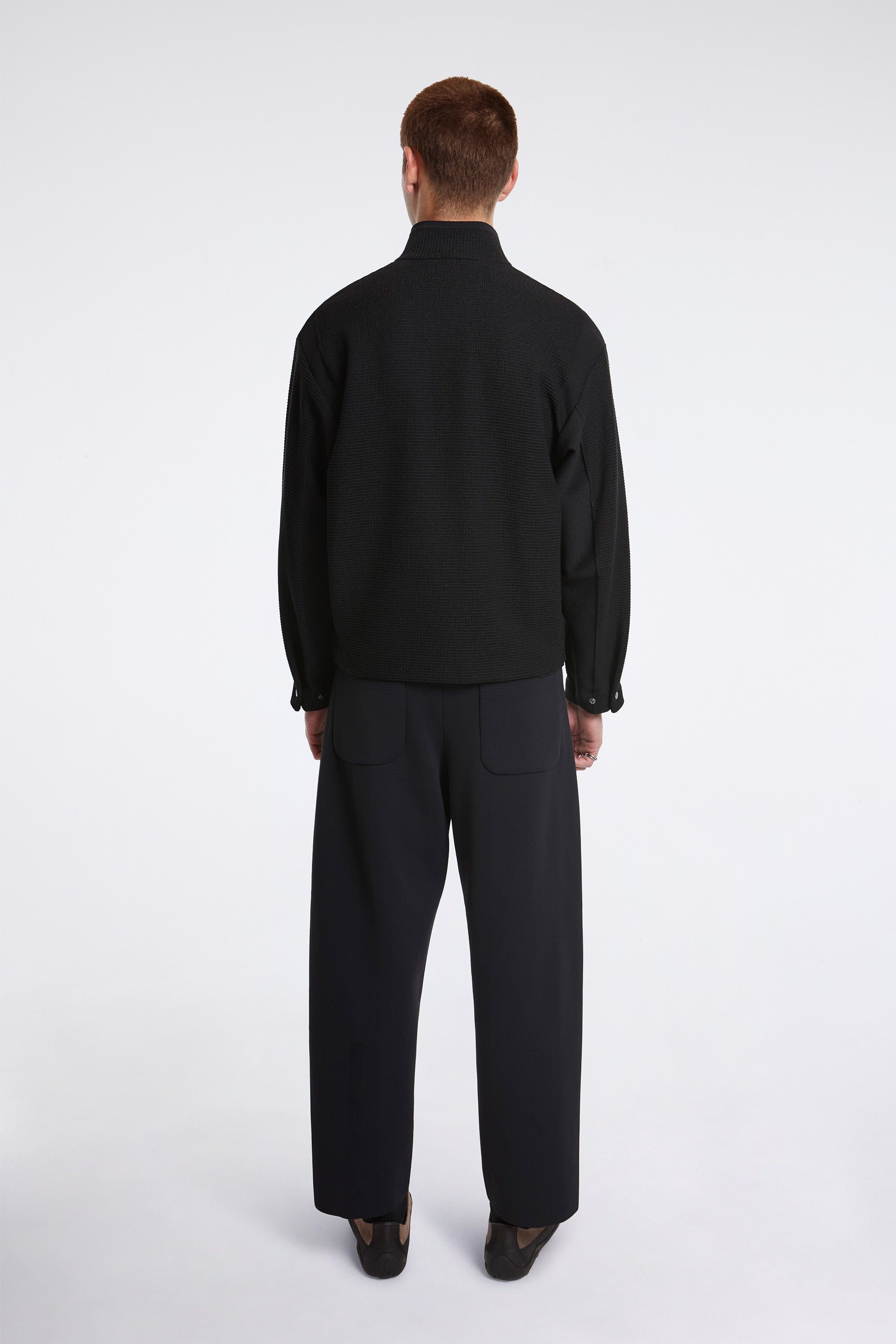 Waffle Lucent Stand Collar Zip Blouson Black