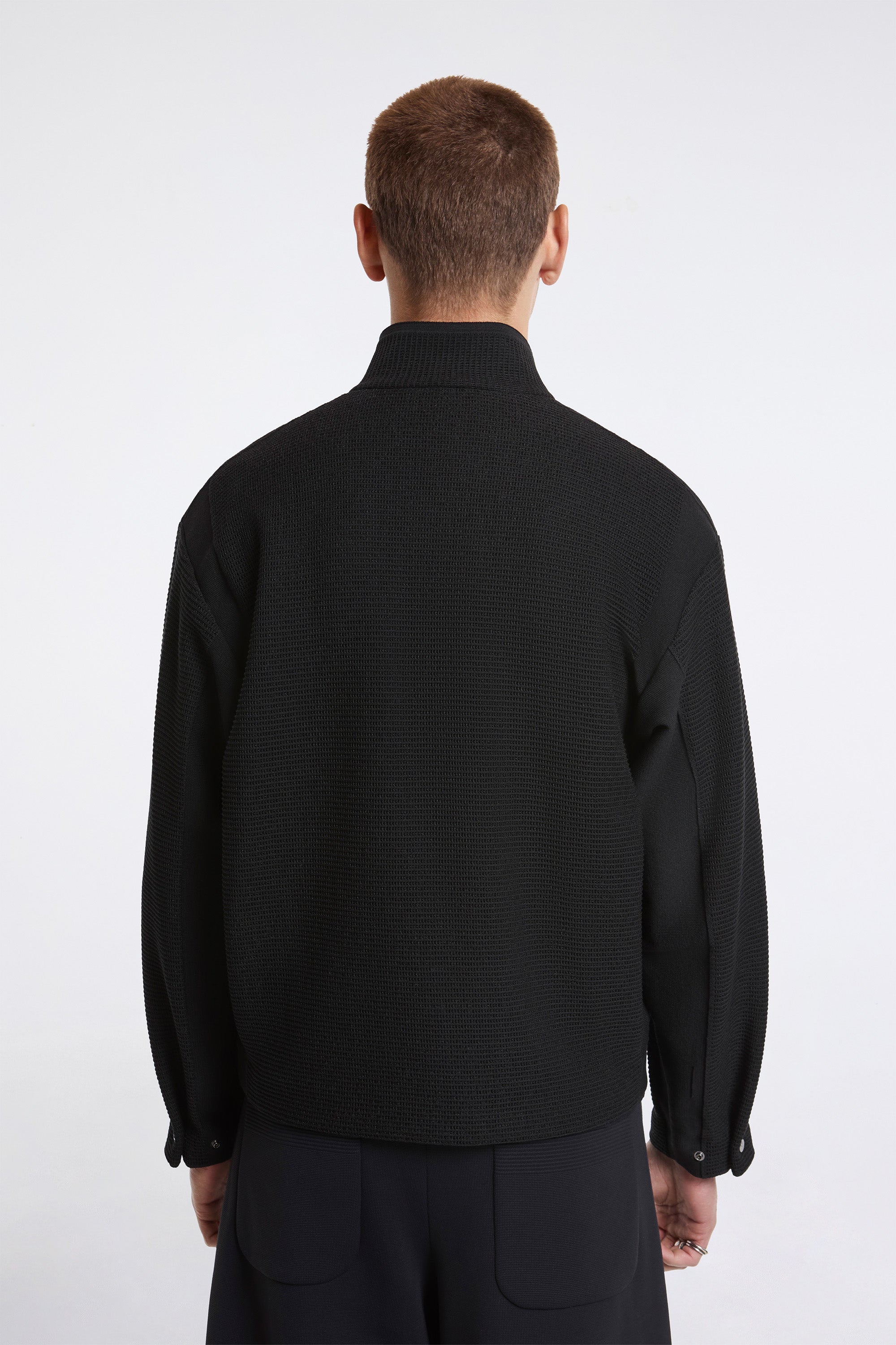 Waffle Lucent Stand Collar Zip Blouson Black