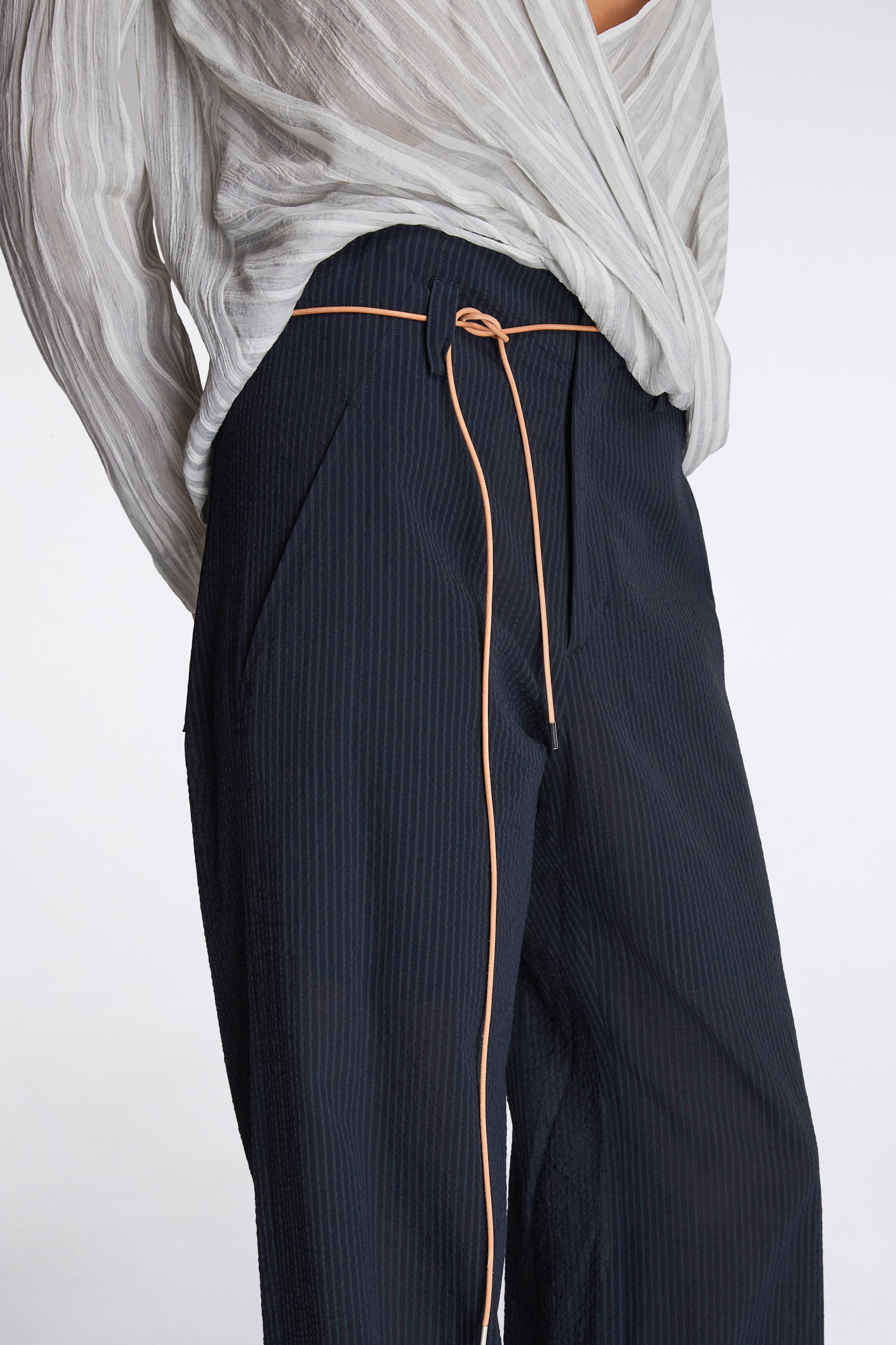 Nam Ou River Trip Pants Silk Seer Sucker Striped Lao Navy