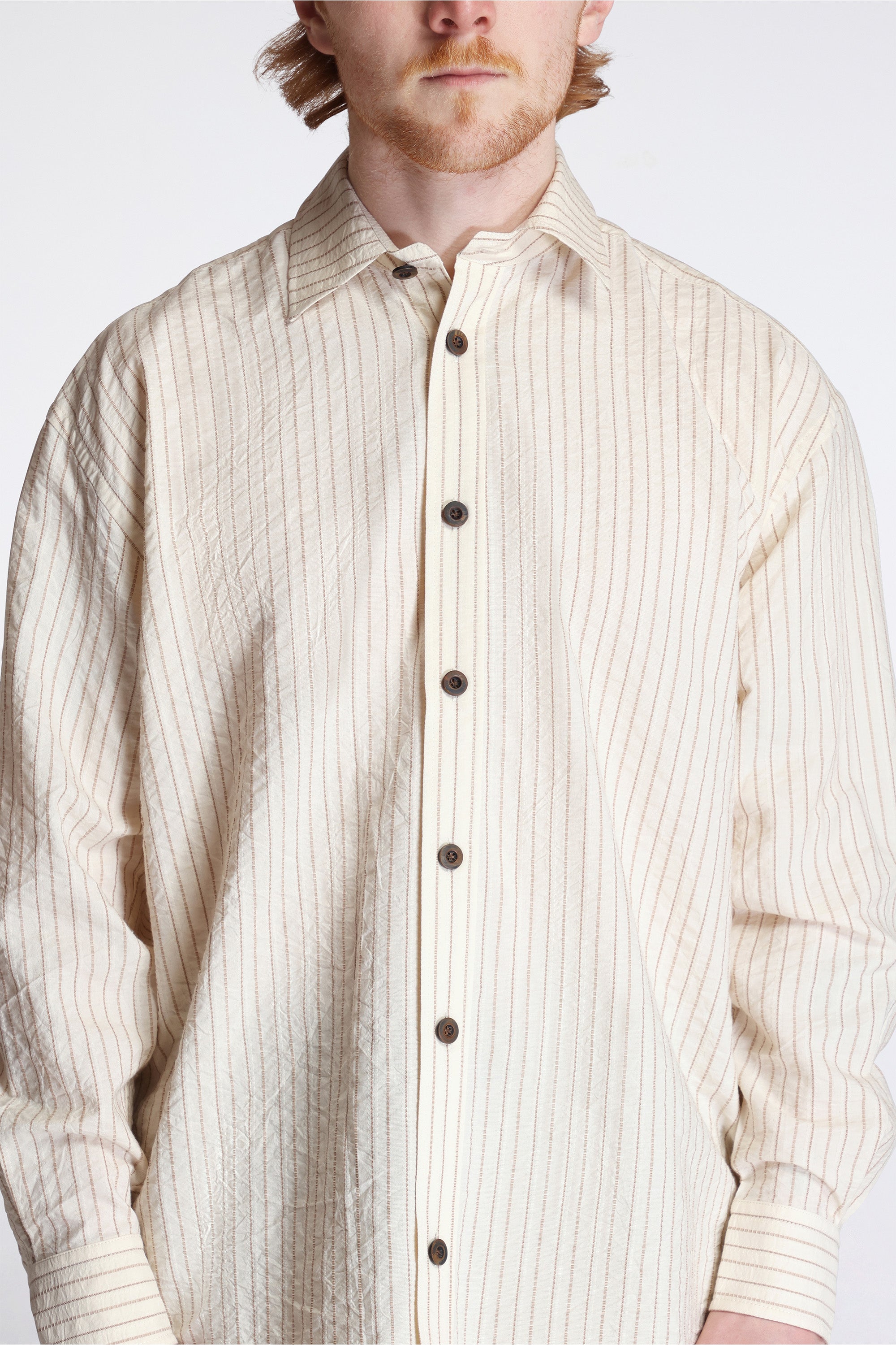 Grandpa Shirt Natural/Brown Striped Cotton Shirting