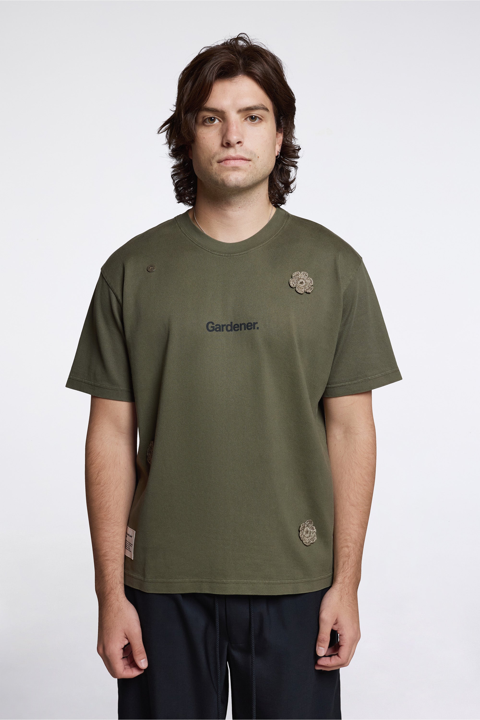''The Gardener'' Crochet Flower T-Shirt Overdyed Army Green