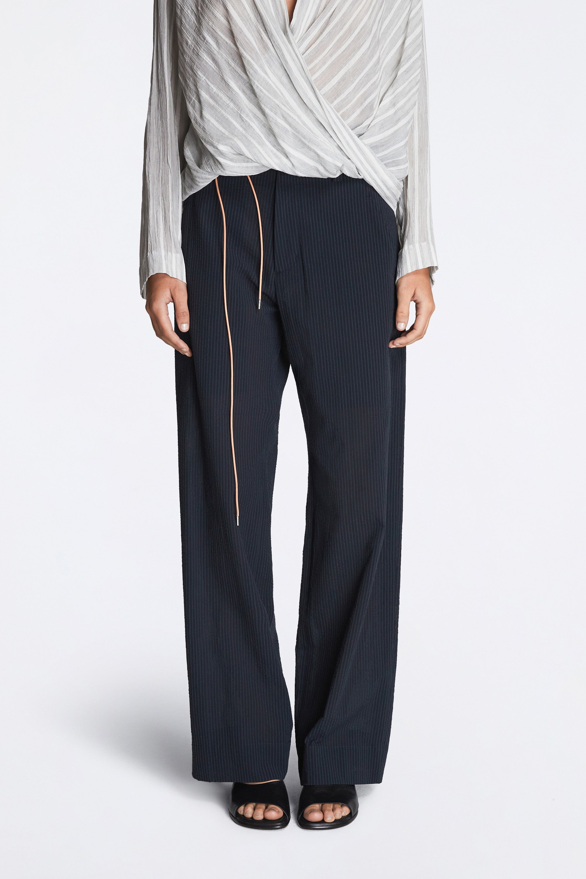 Nam Ou River Trip Pants Silk Seer Sucker Striped Lao Navy