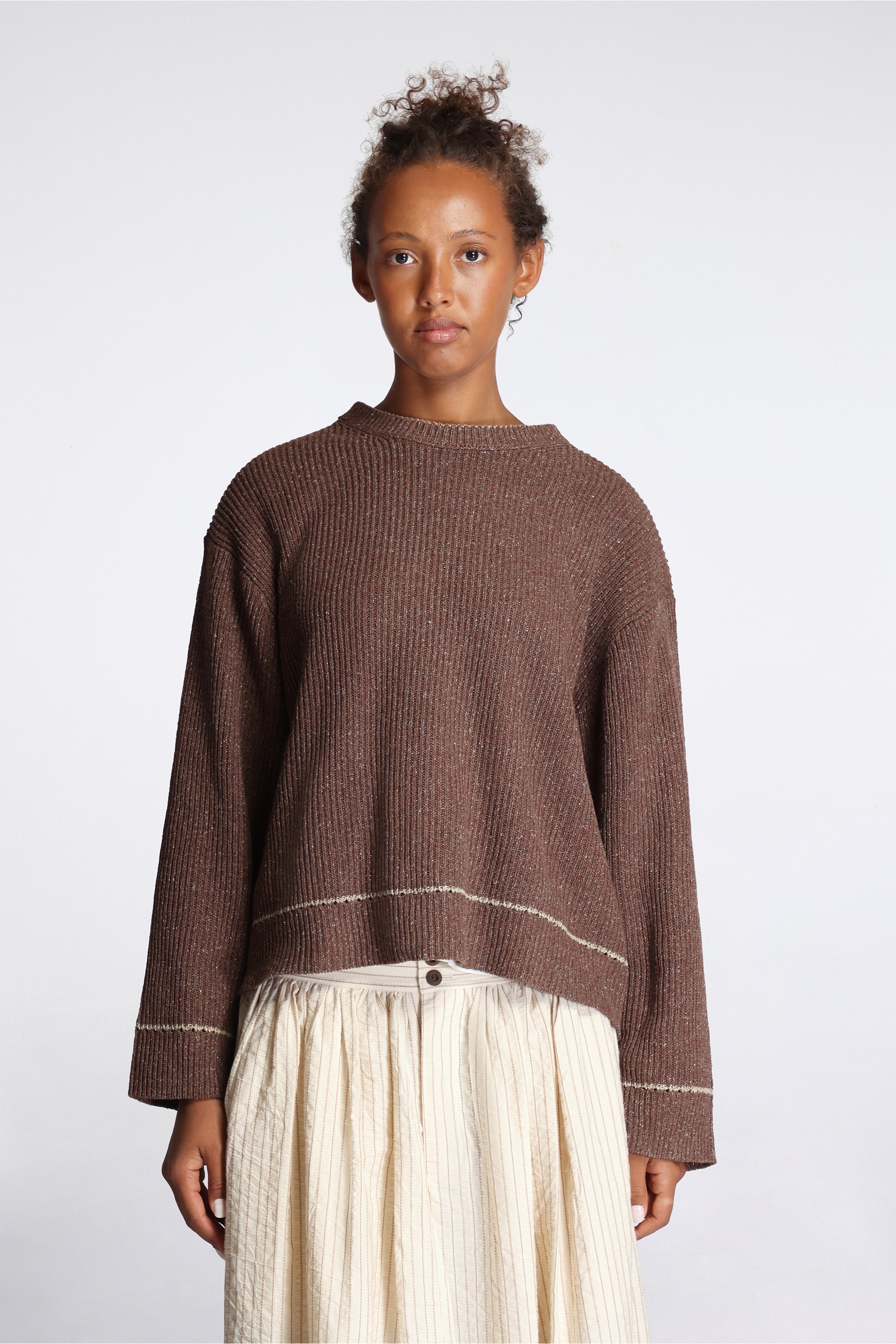 Contrast Crewneck Brown Mix Slub Silk
