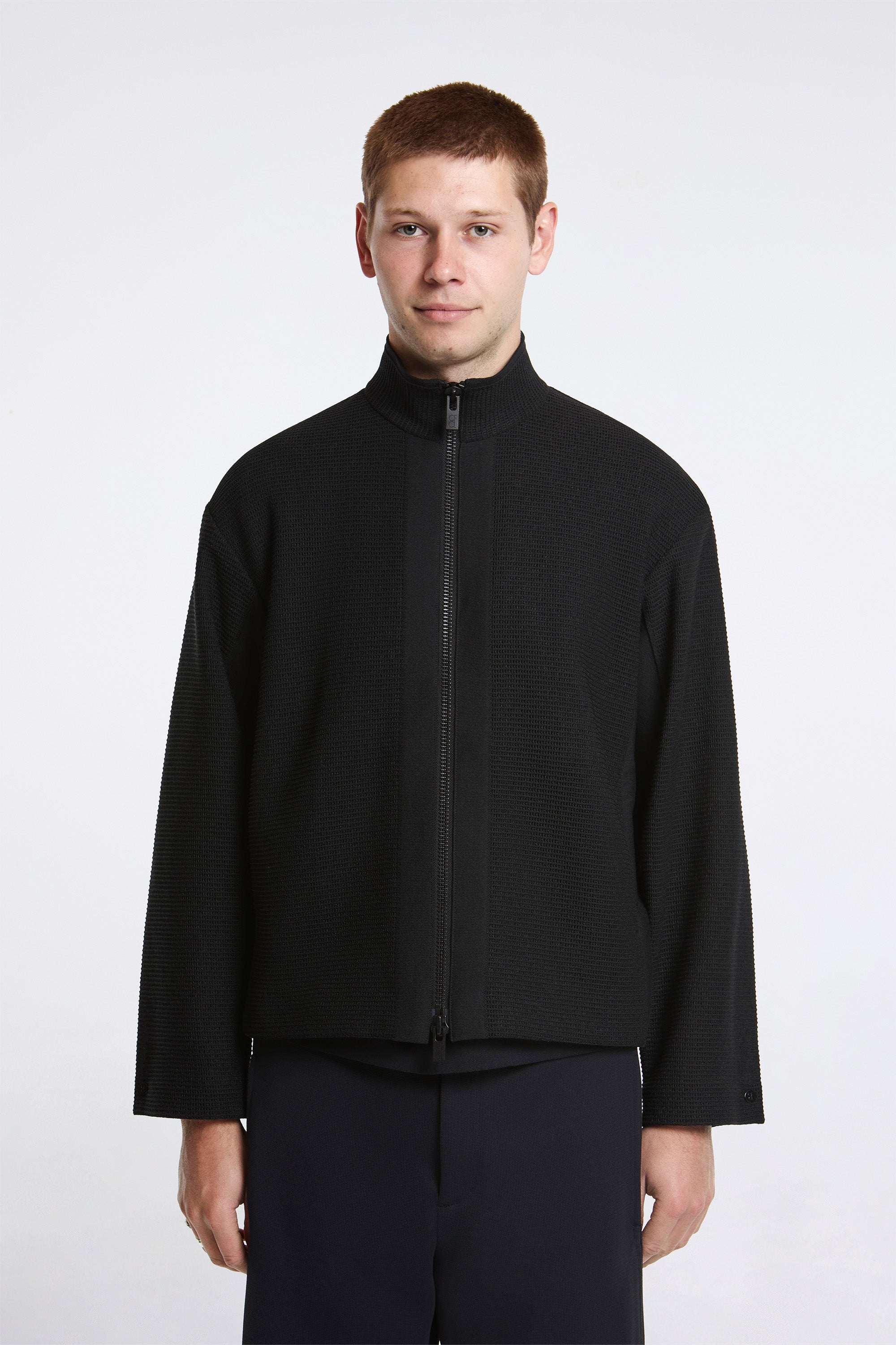 Waffle Lucent Stand Collar Zip Blouson Black