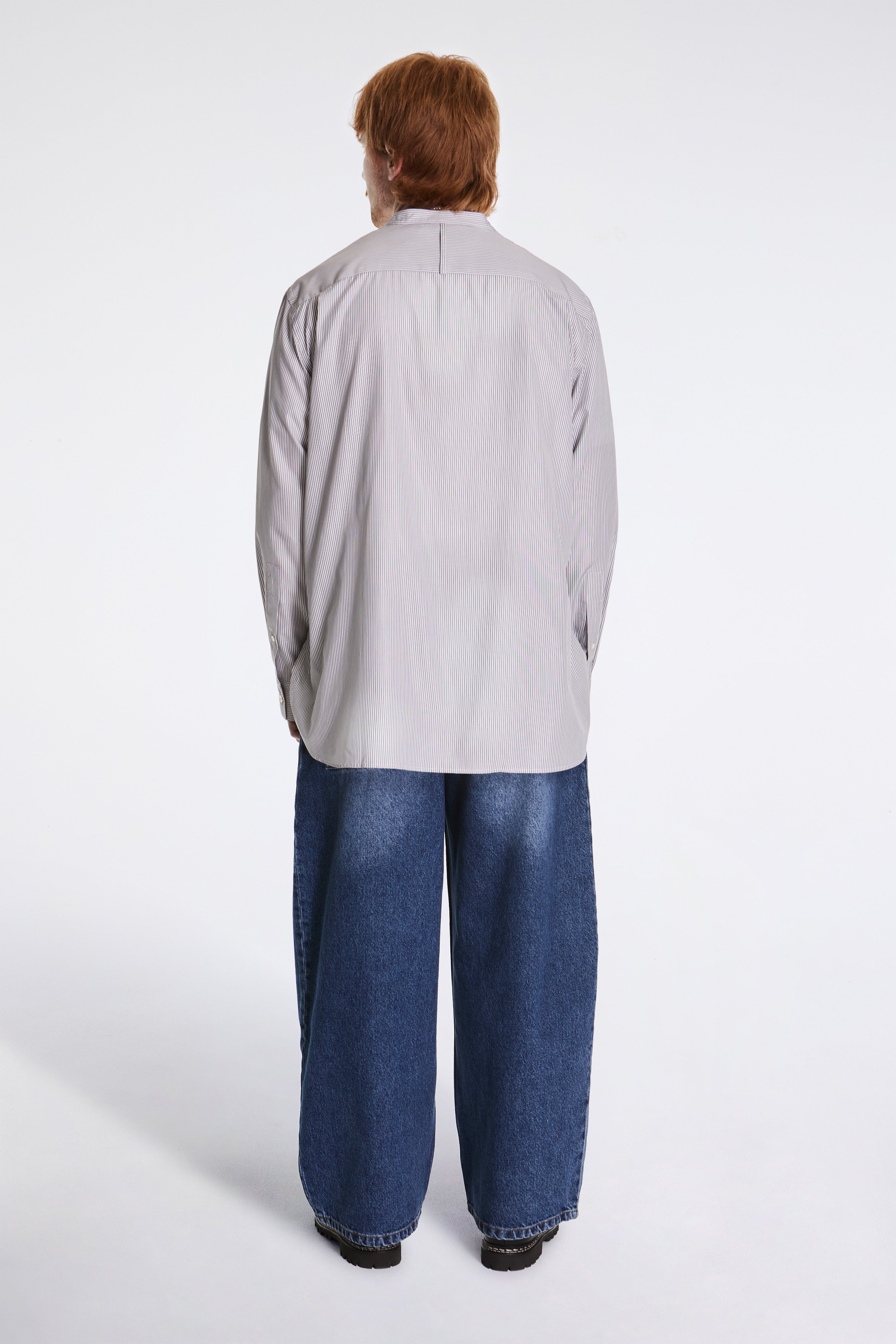 Nick Grandad Collar Shirt Narrow Shadow Stripe Grey