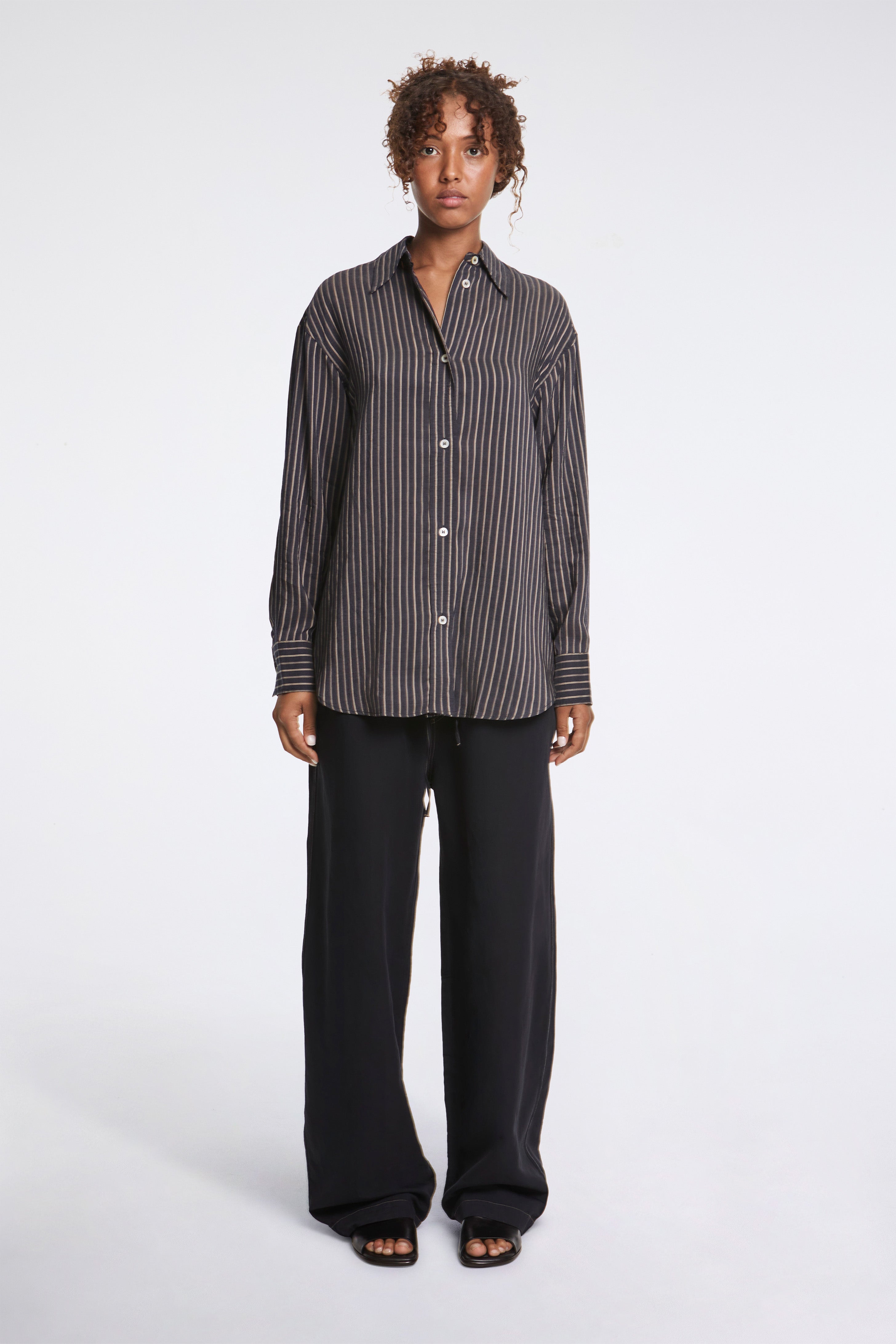 Rouen Lyocell Silk Stripe Shirt Indigo