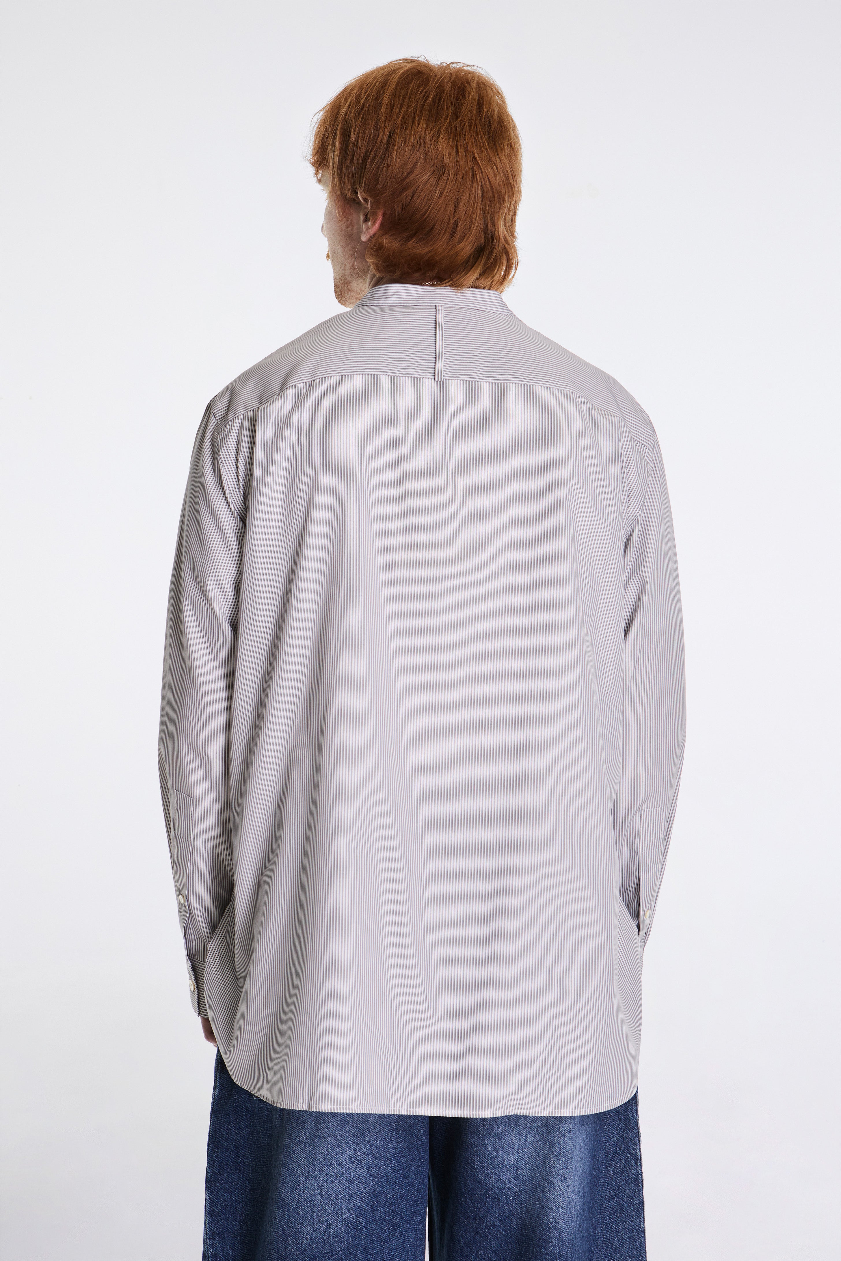 Nick Grandad Collar Shirt Narrow Shadow Stripe Grey