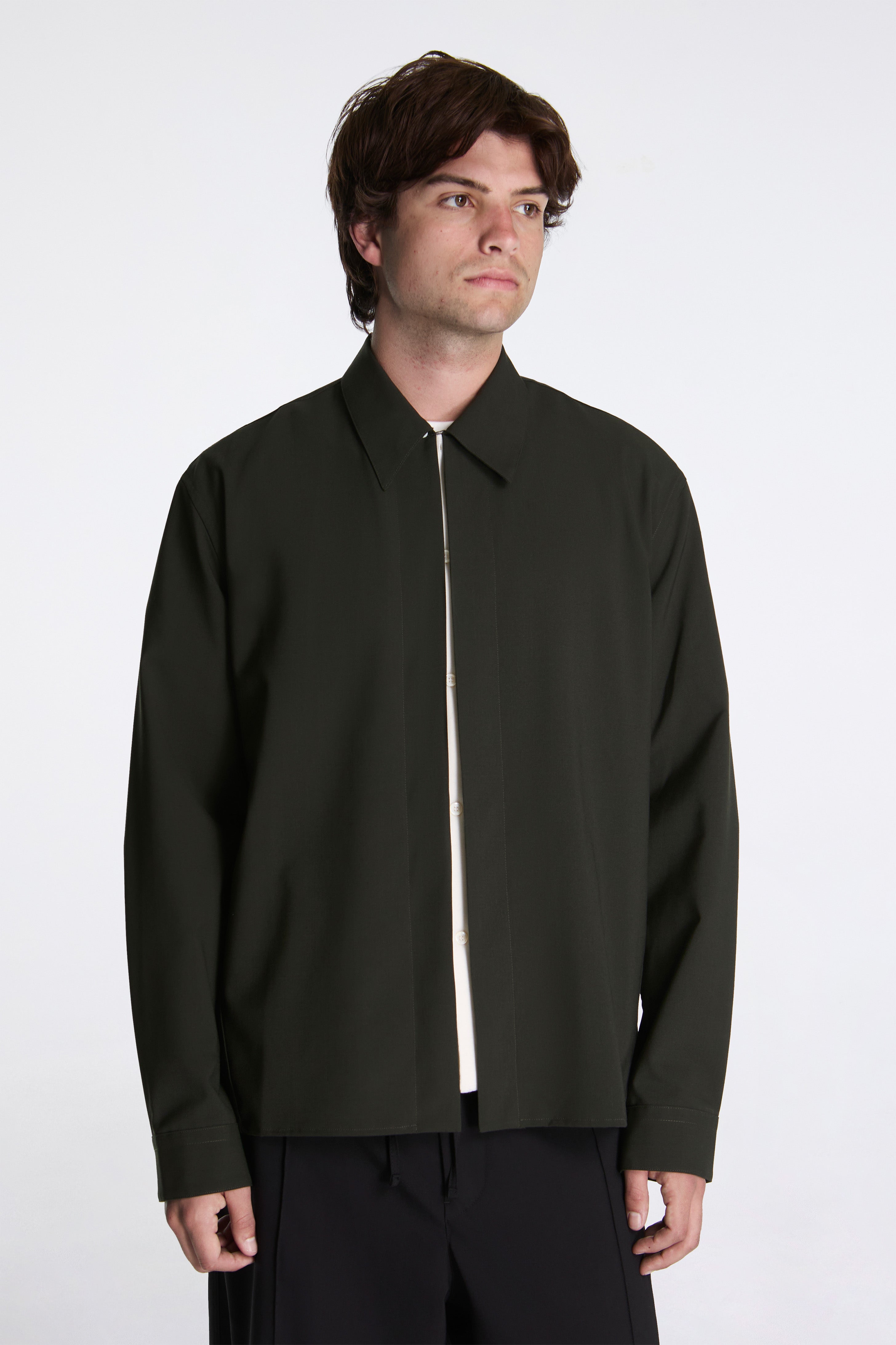 Dark Green Wool Shirt With Double Opening Dark Green