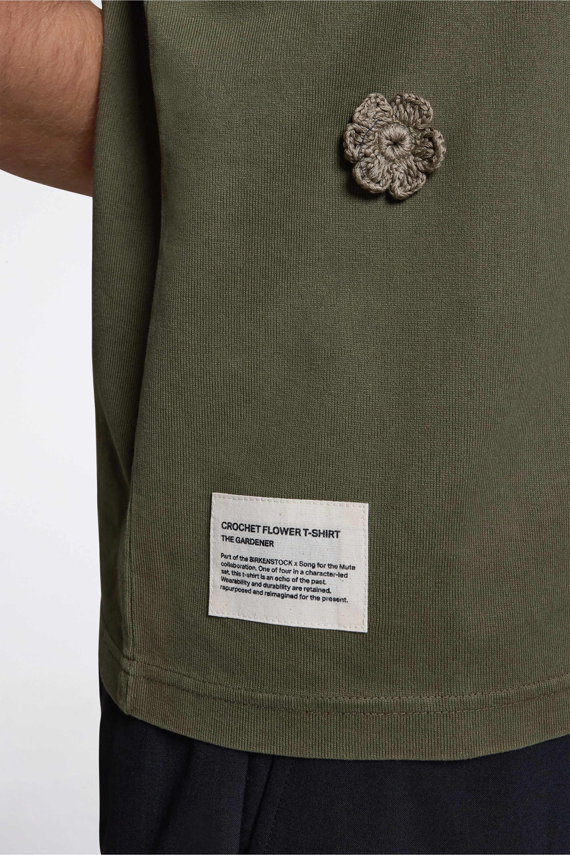 ''The Gardener'' Crochet Flower T-Shirt Overdyed Army Green