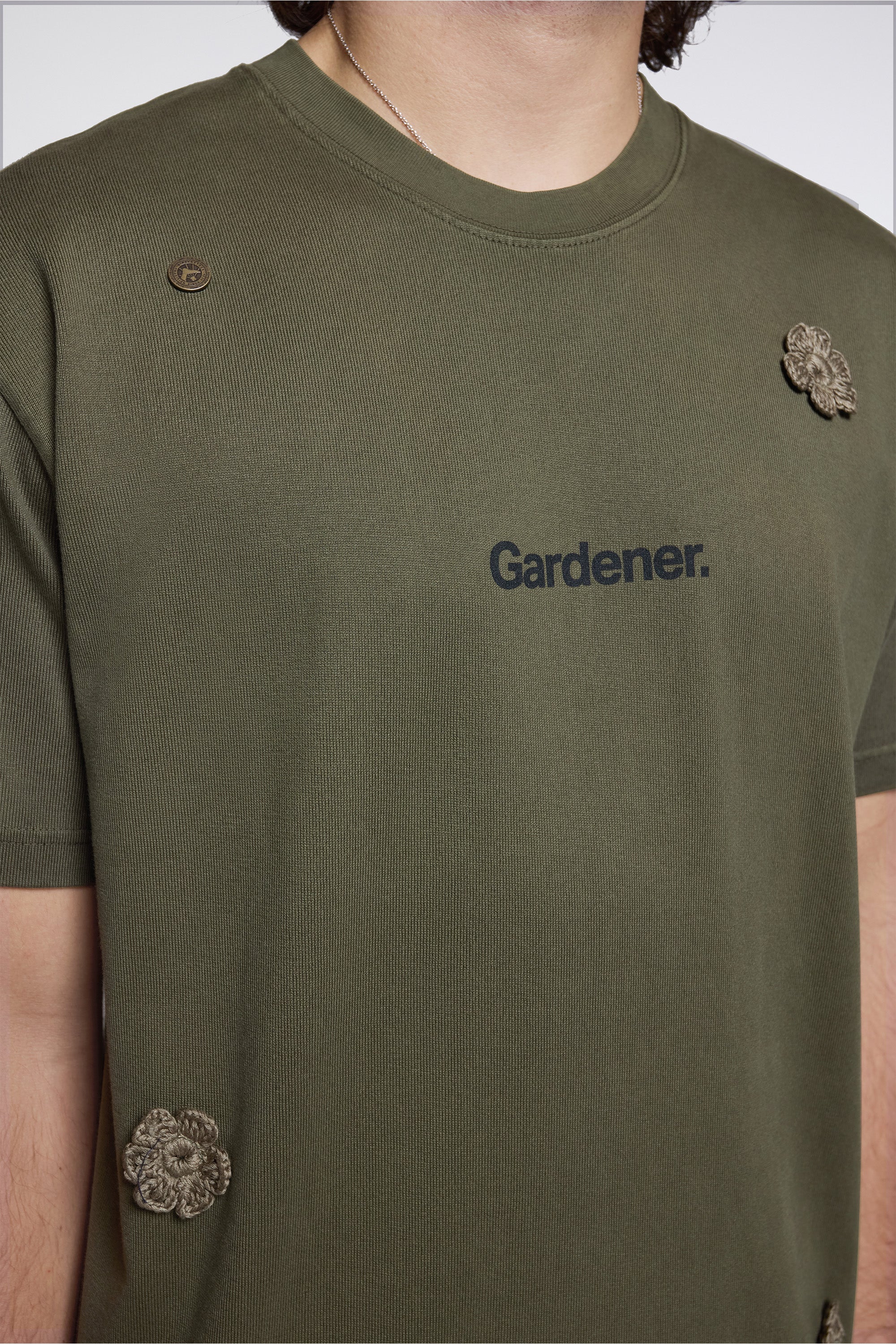 ''The Gardener'' Crochet Flower T-Shirt Overdyed Army Green