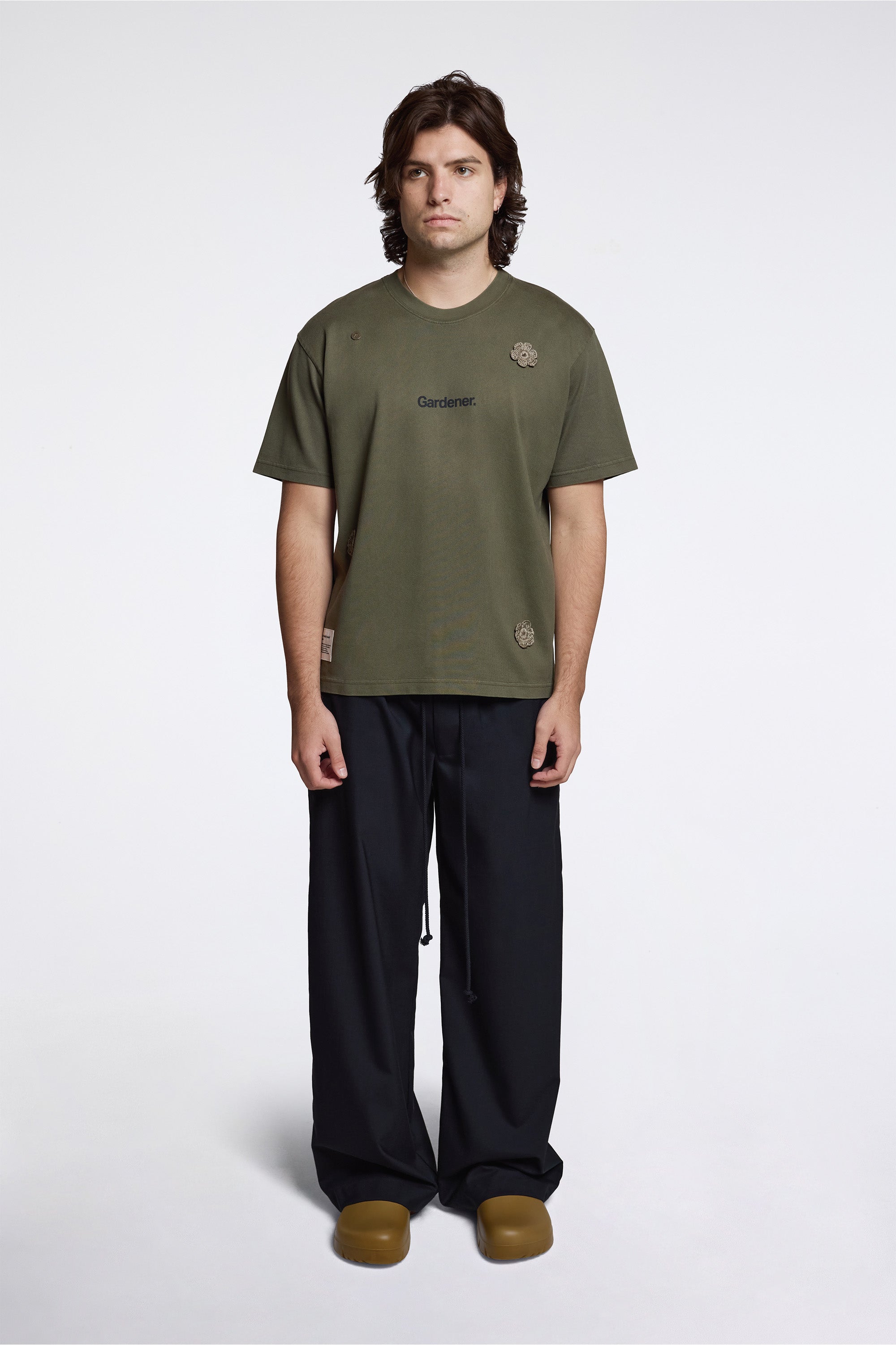 ''The Gardener'' Crochet Flower T-Shirt Overdyed Army Green