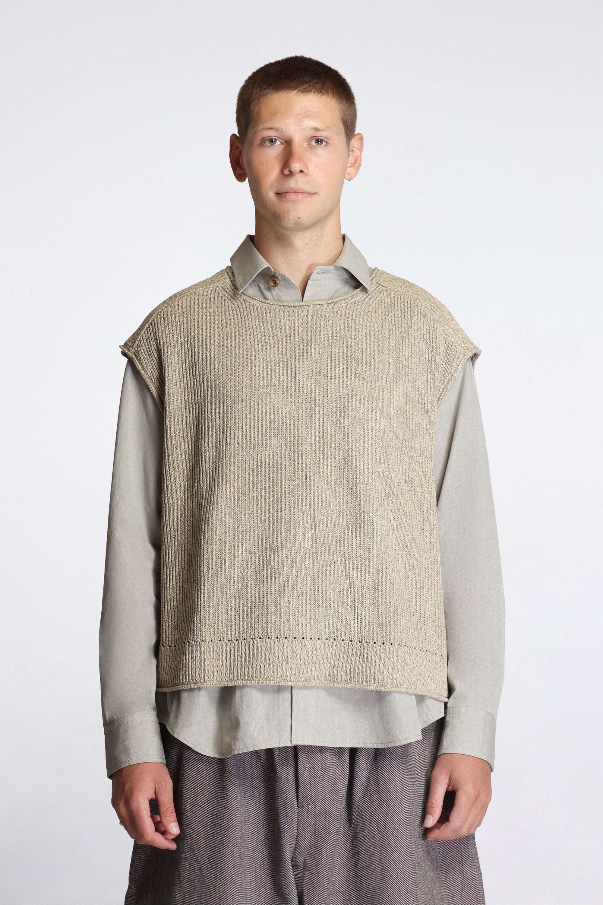Sleeveless Knit Arc Top Natural Mix Silk Slub