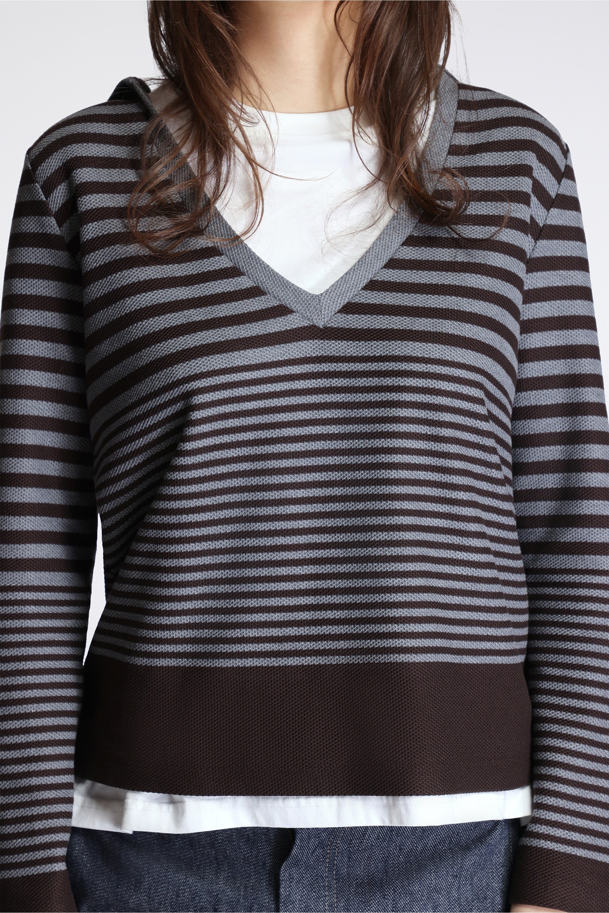 Hooded V-Neck Long Sleeve Cotton Waffle Stripe
