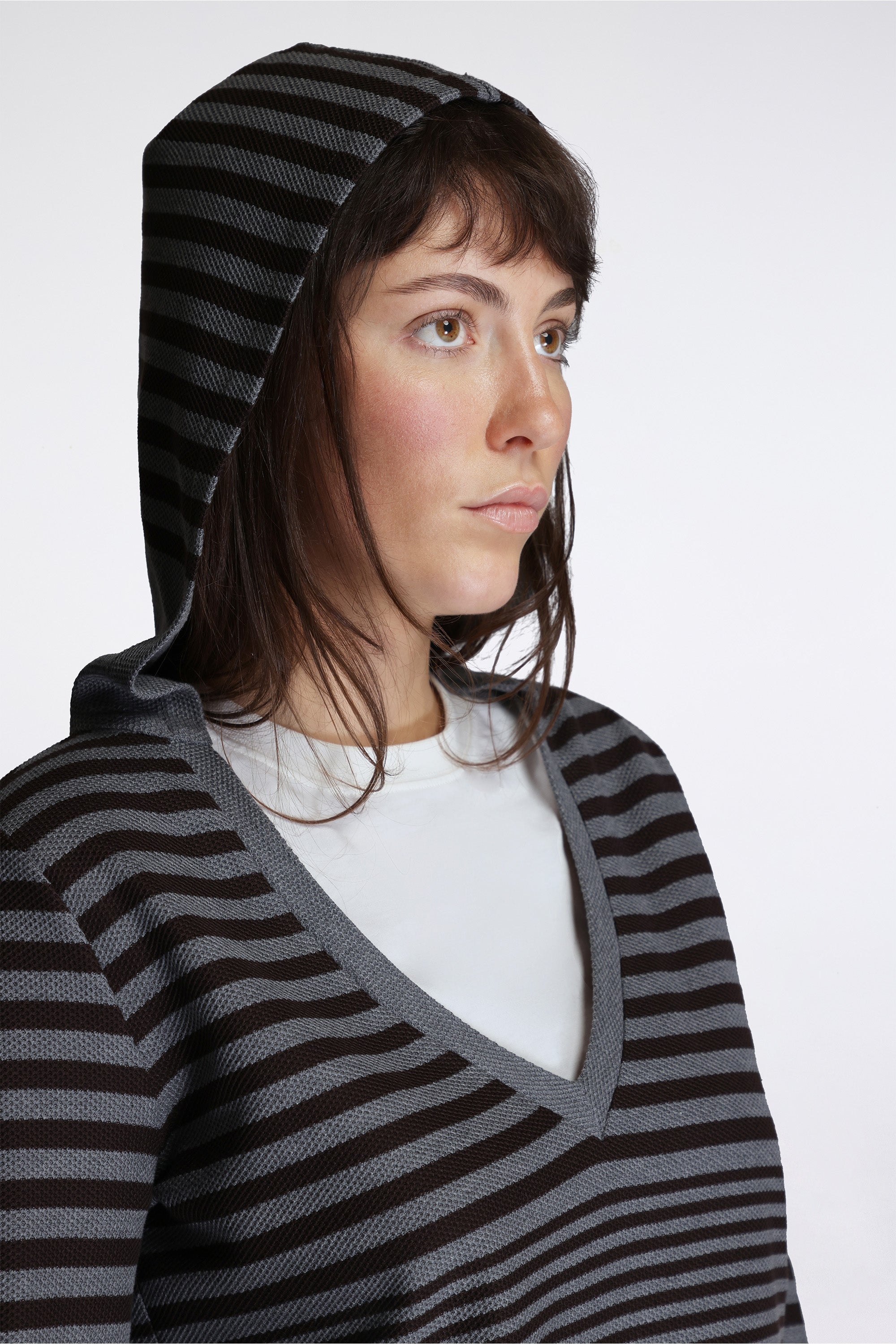 Hooded V-Neck Long Sleeve Cotton Waffle Stripe