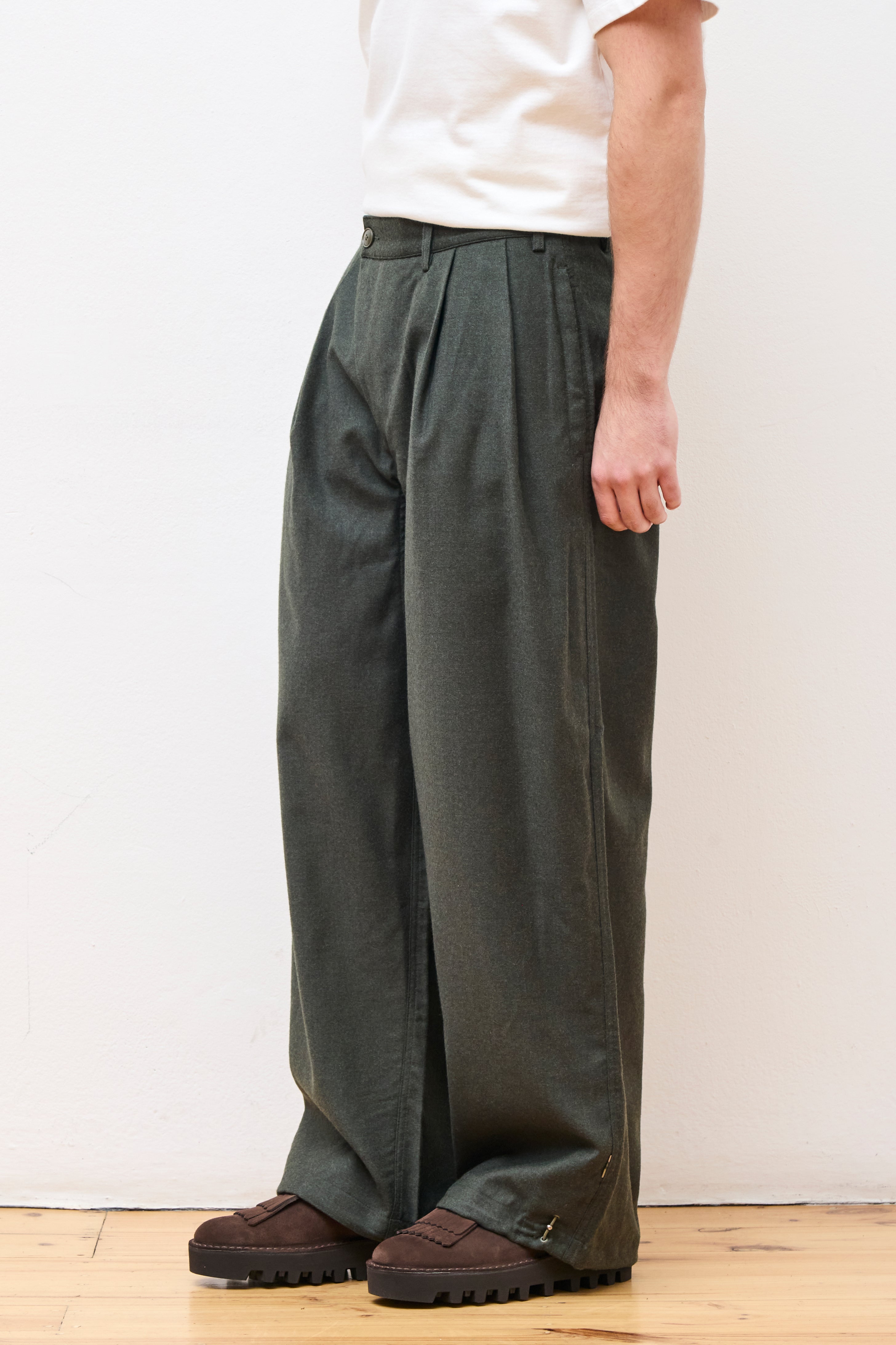 Asymmetrical Wool Pleated Pant Dark Olive