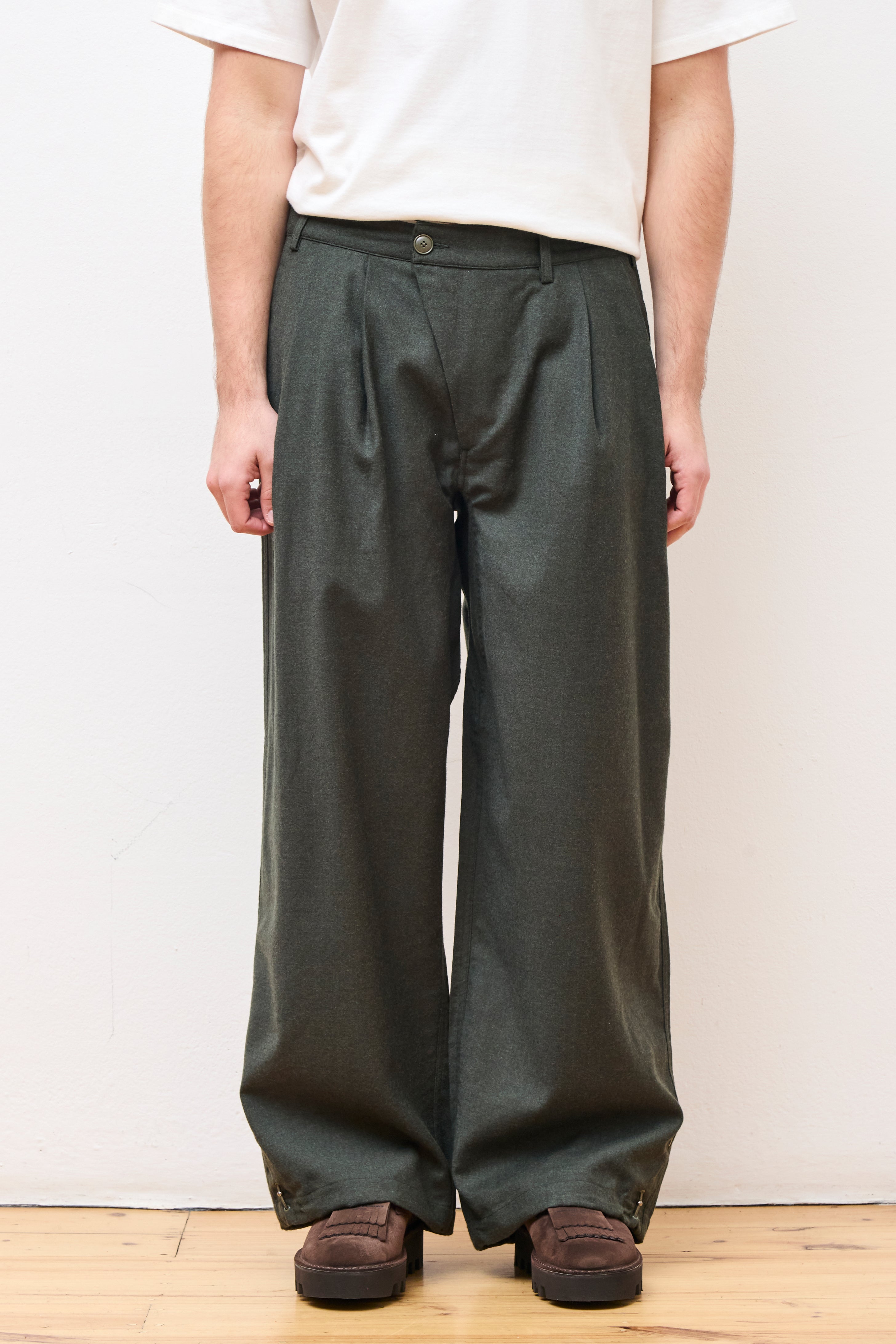 Asymmetrical Wool Pleated Pant Dark Olive