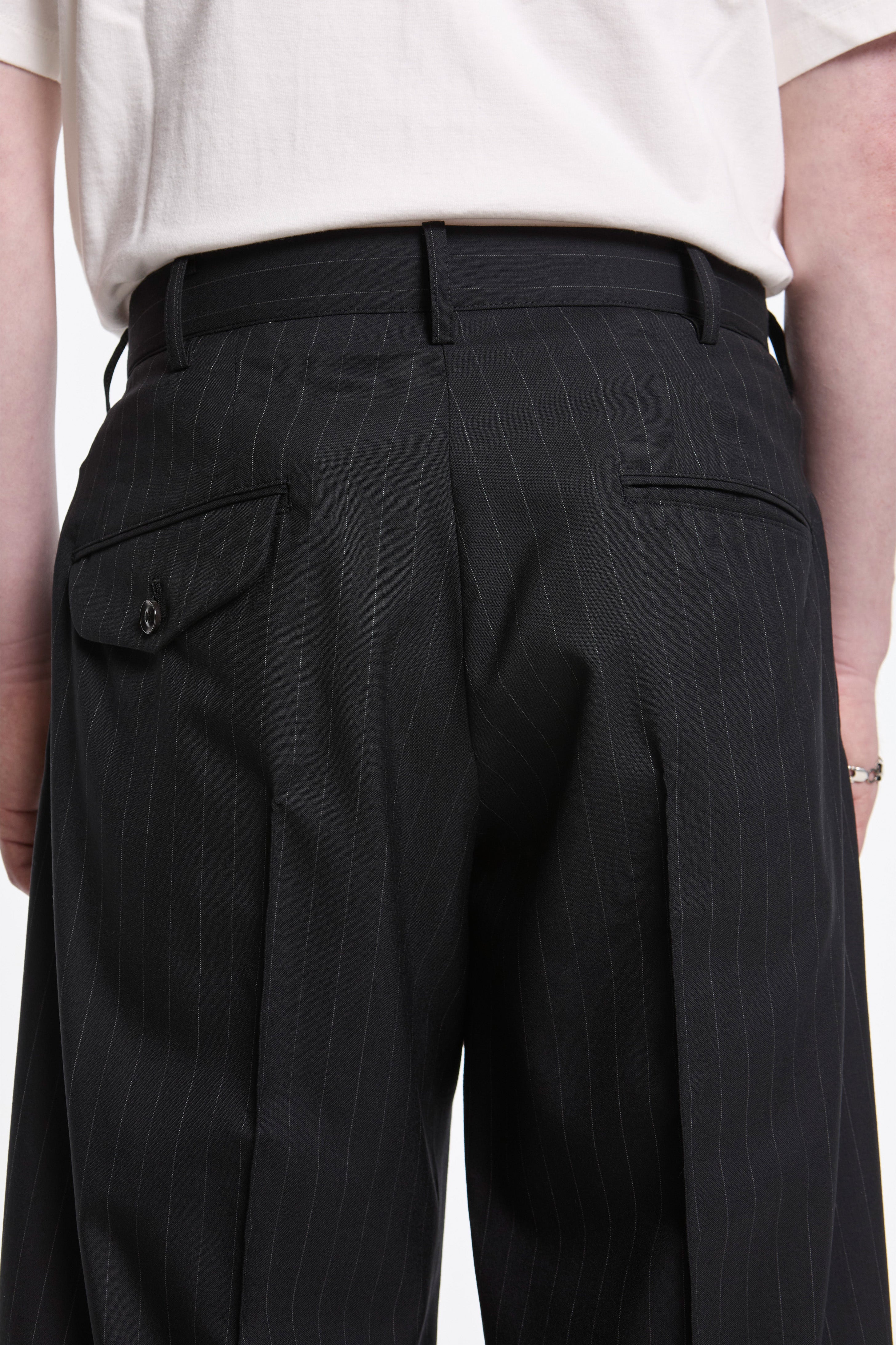 Pleated Stripe Summer Wool Pants Black