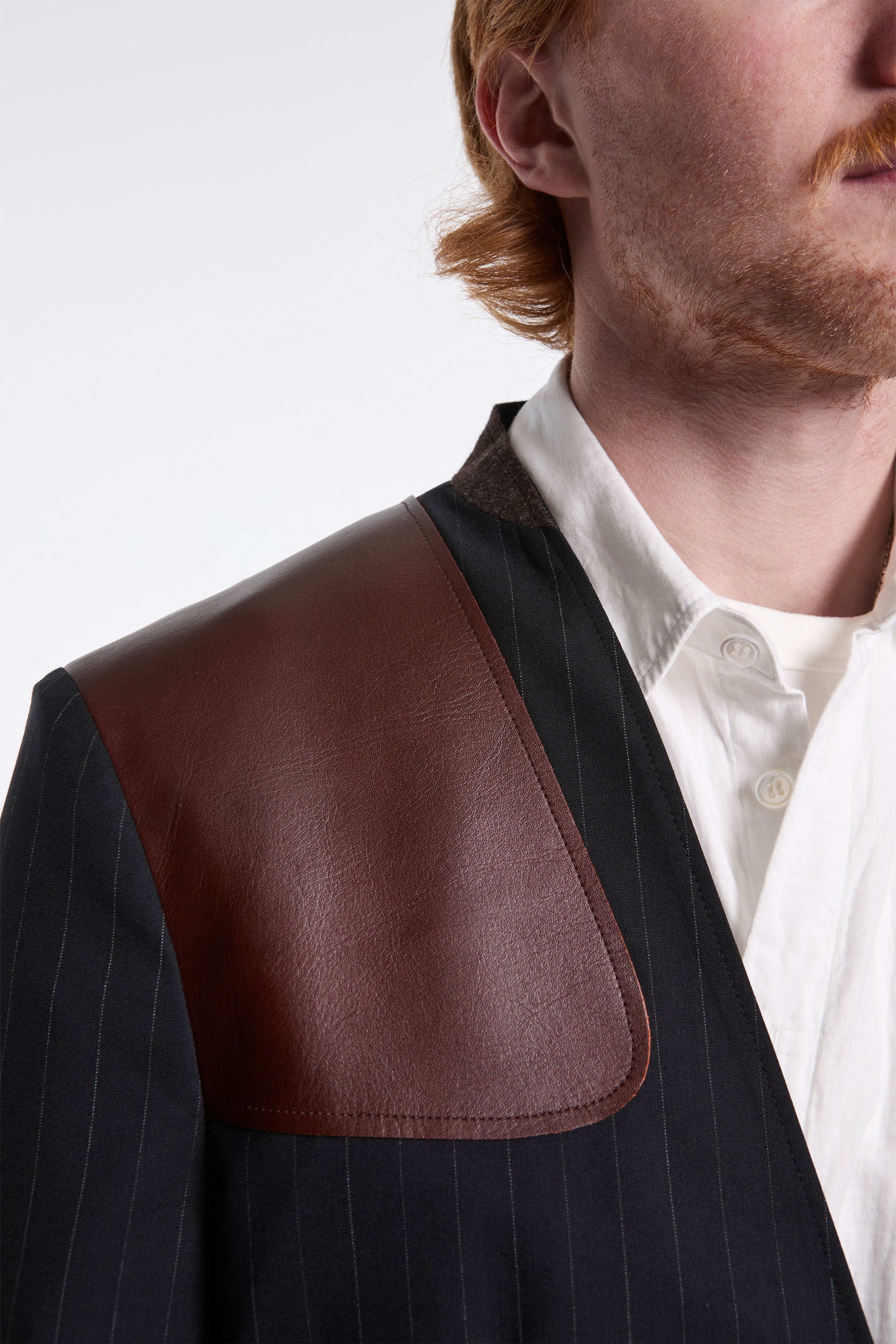 Leather-Patch No-Collar Jacket Black