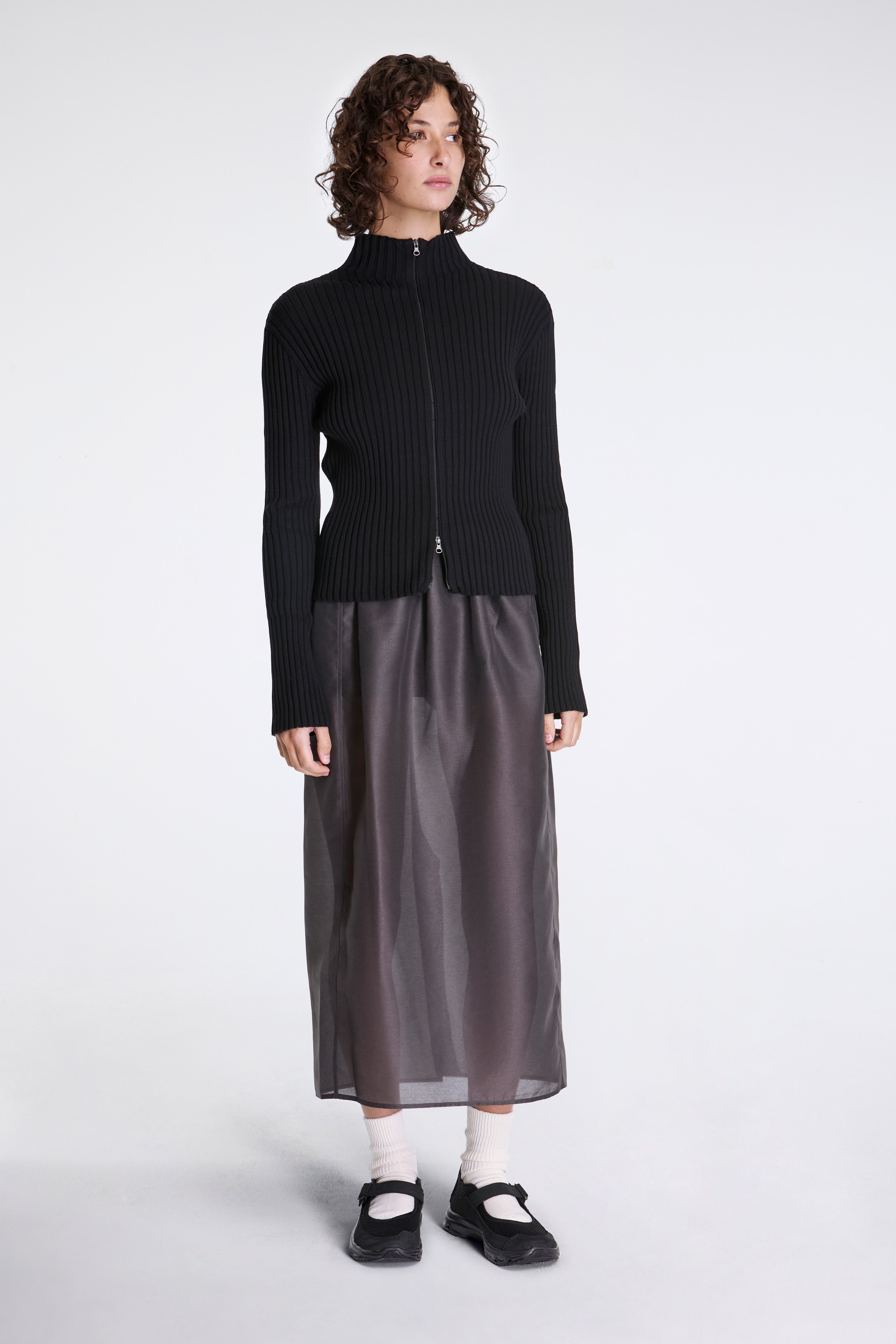 Ribbed High Neck Zip Up Black