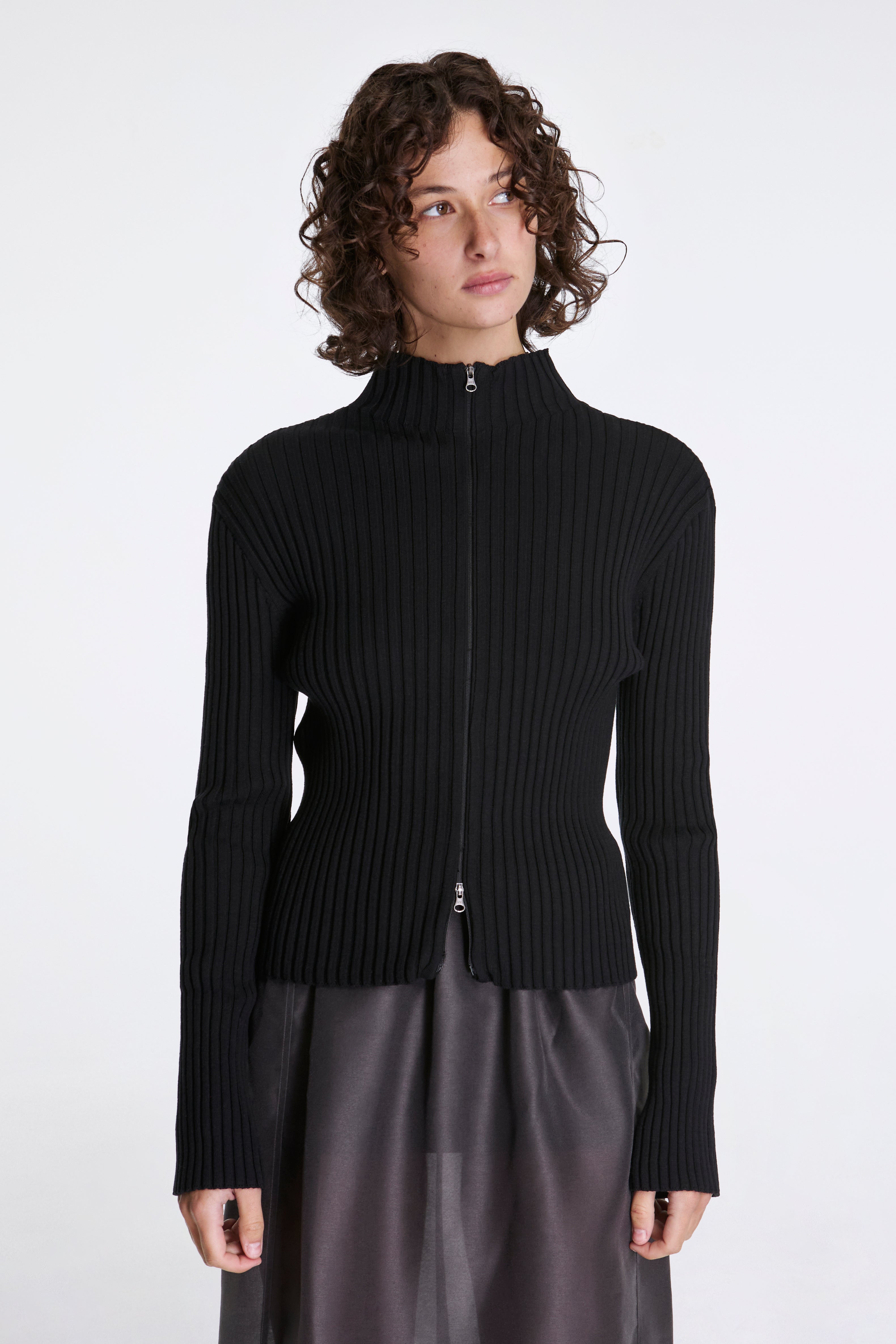 Ribbed High Neck Zip Up Black