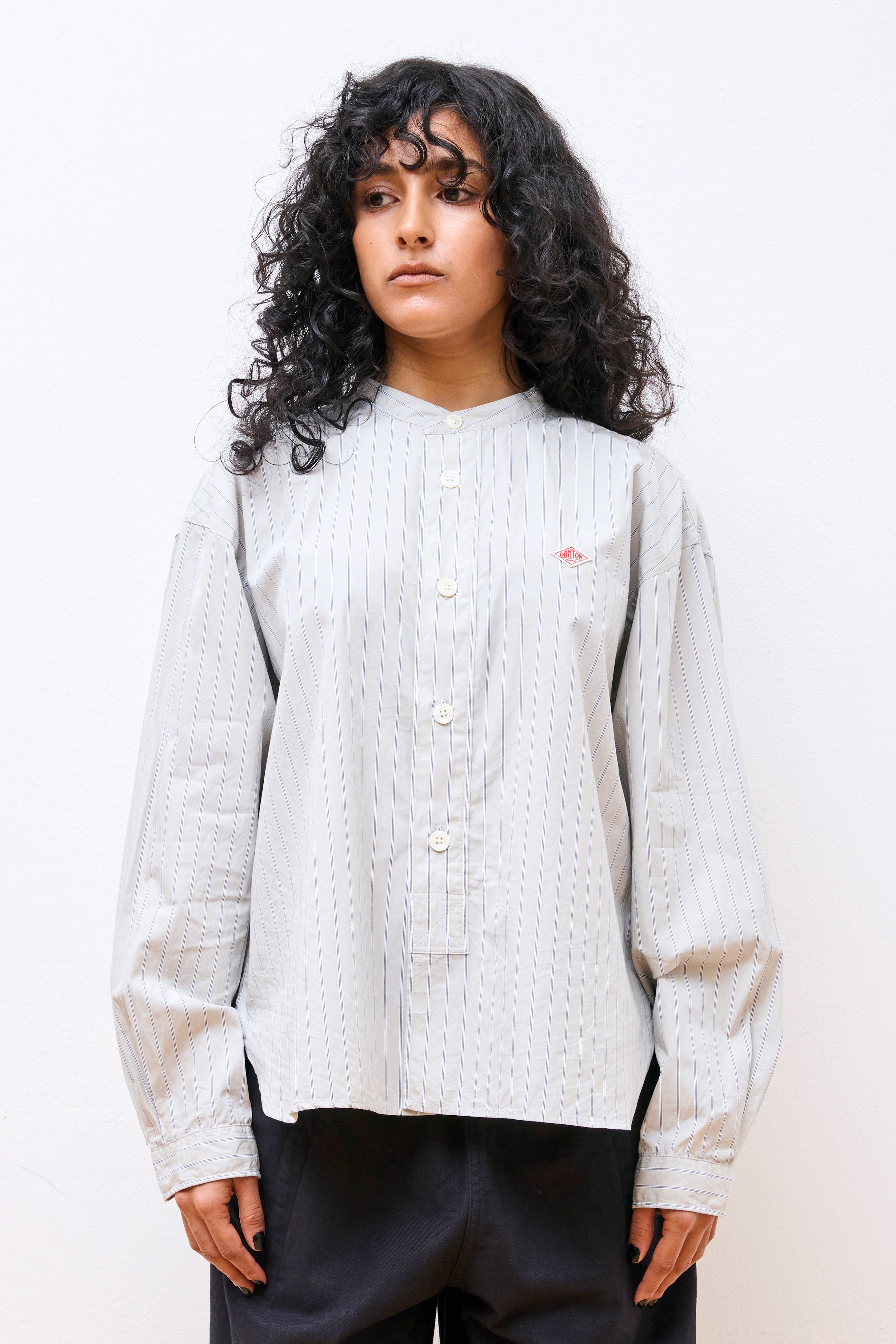 Band Collar Shirt W Grey Stripe