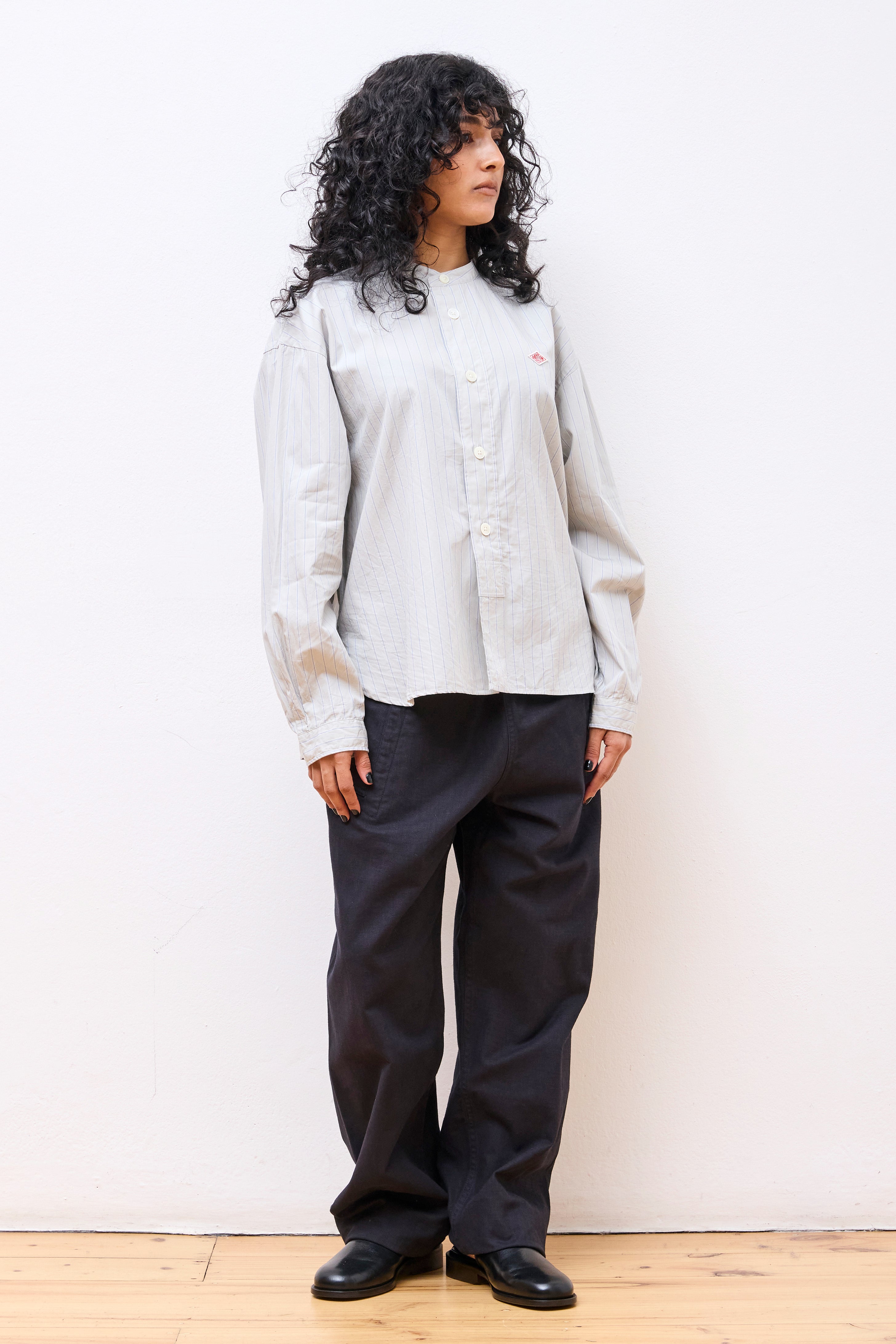 Band Collar Shirt W Grey Stripe