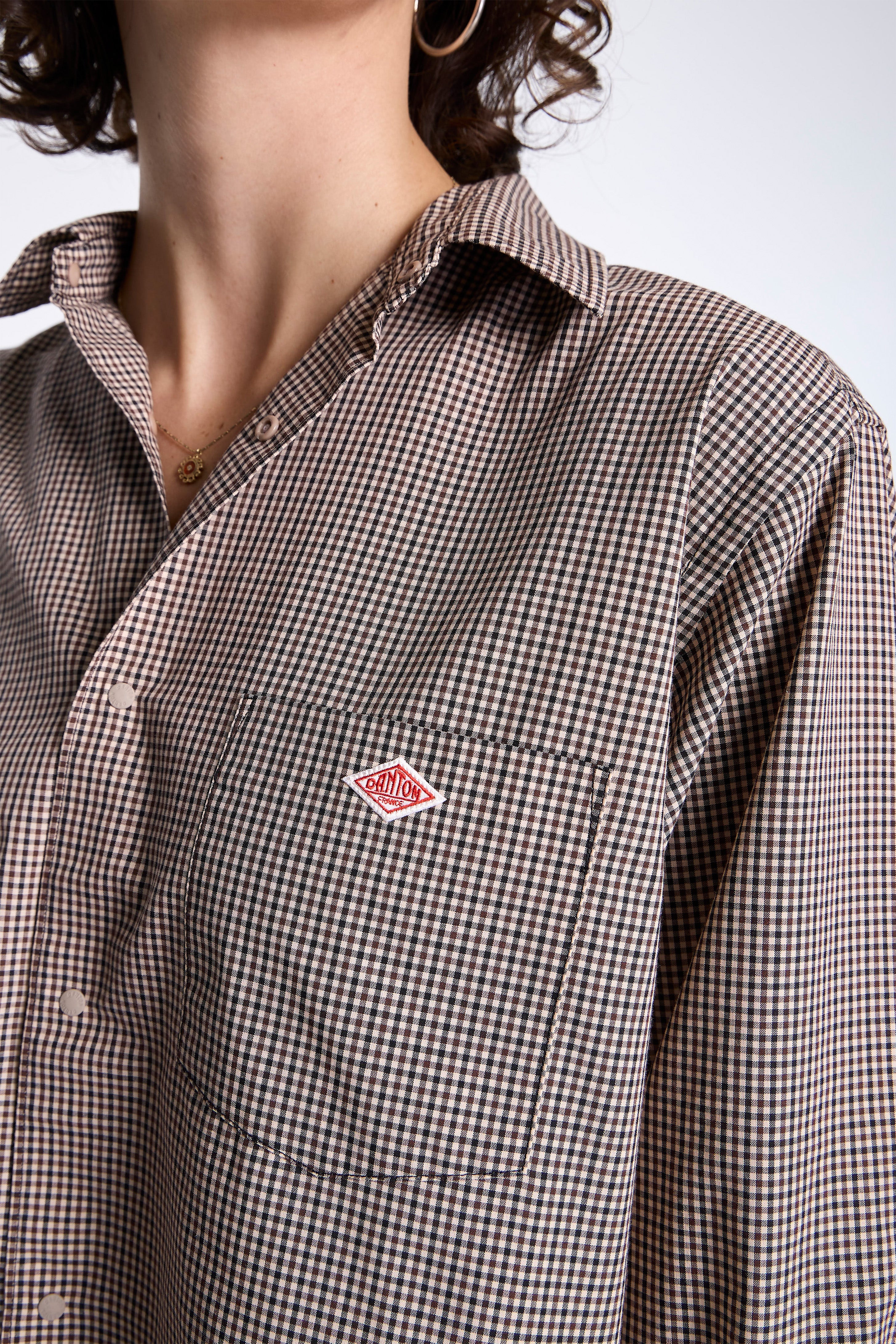 Dot Button Regular Collar Shirt L/S Beige Check