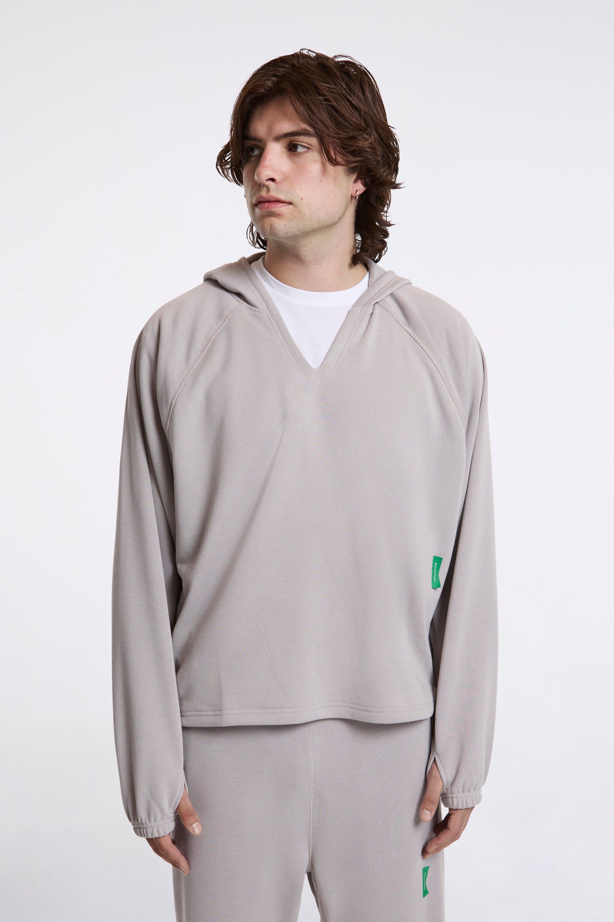 Open Neck French Terry Hoodie Cement