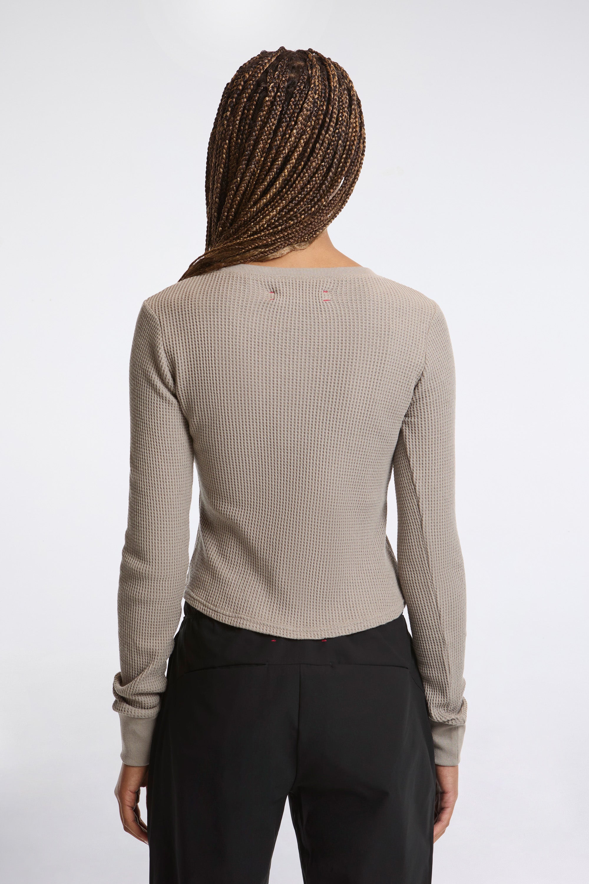 Fitted Long Sleeve Waffle T-Shirt Stone Grey