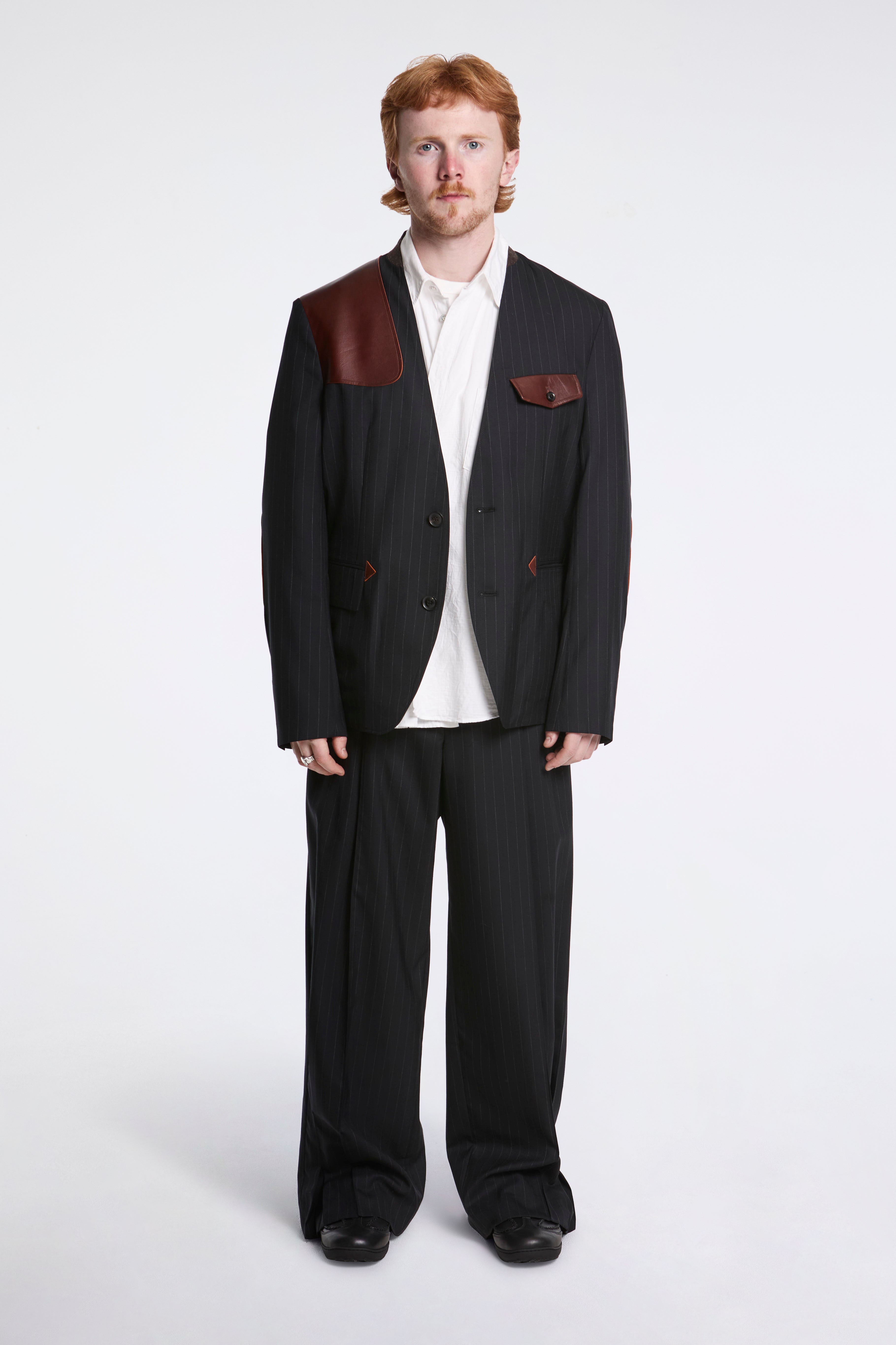 Leather-Patch No-Collar Jacket Black