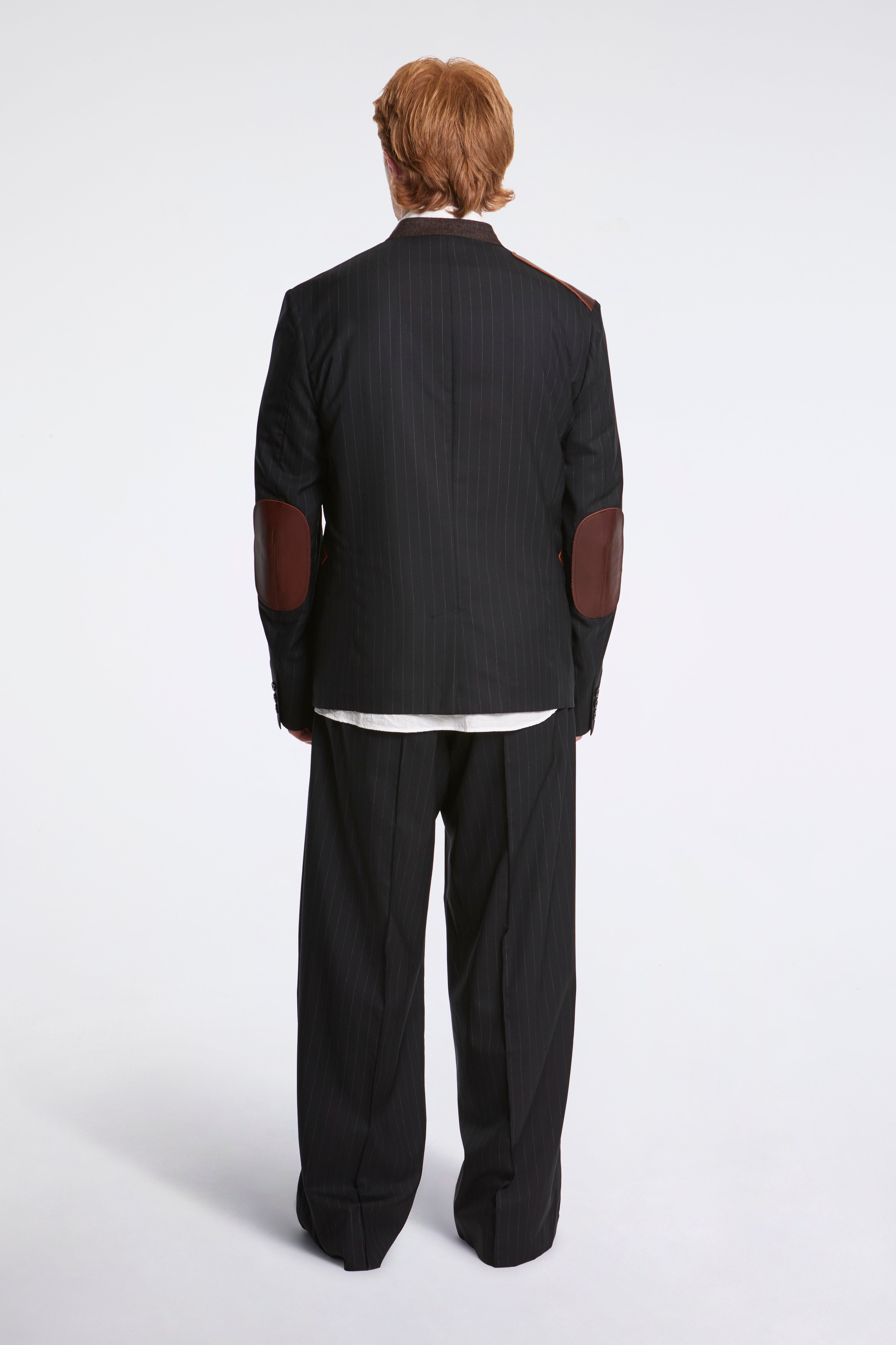 Leather-Patch No-Collar Jacket Black