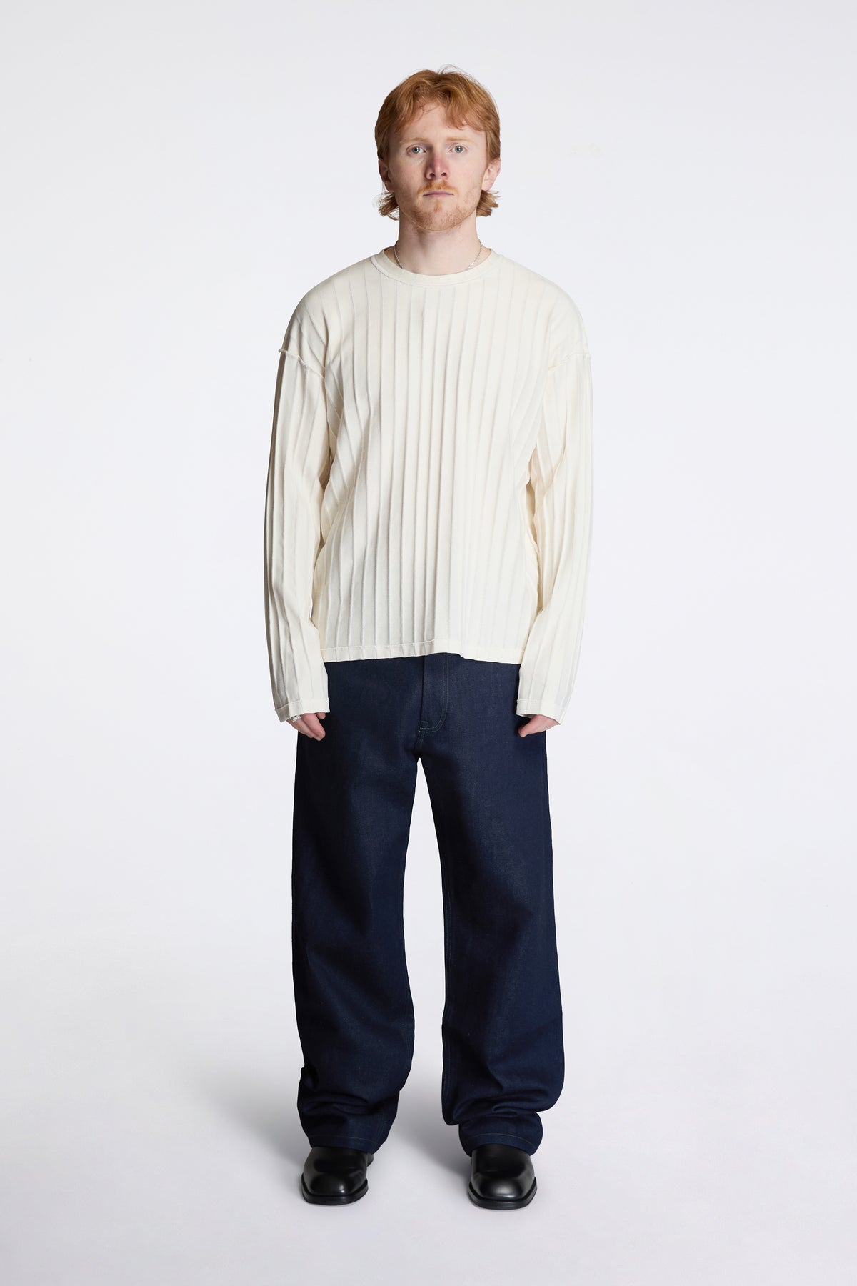 Round Neck Sweater Ecru Inverted Ajour Stripe