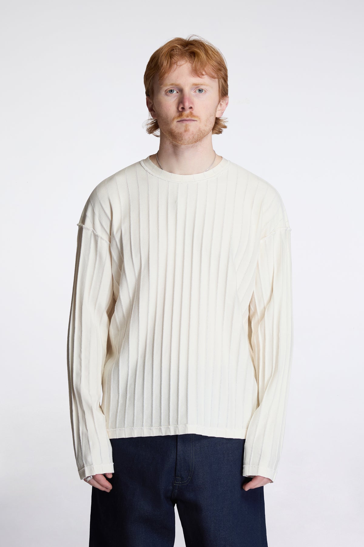 Round Neck Sweater Ecru Inverted Ajour Stripe