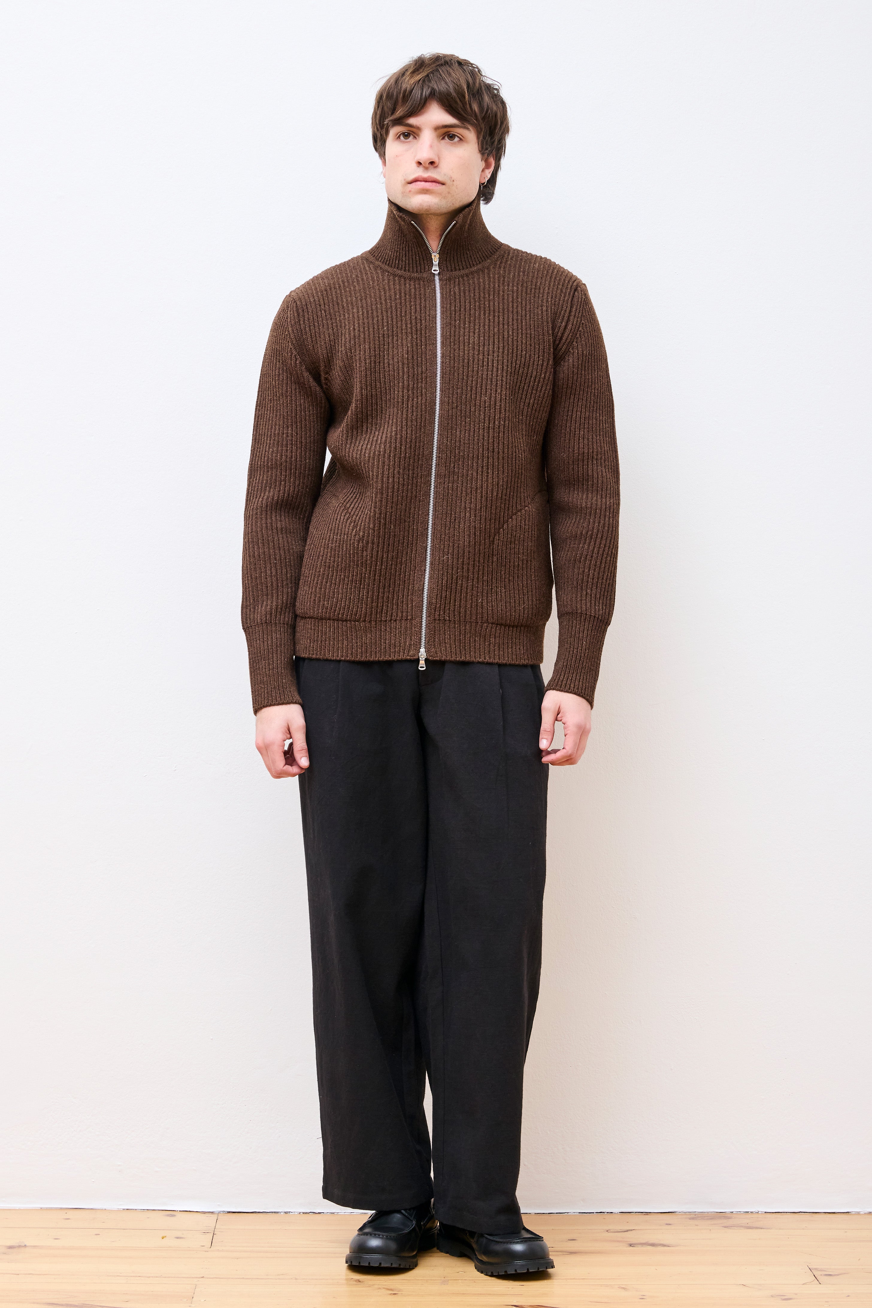 Navy Full-Zip Pockets Natural Brown