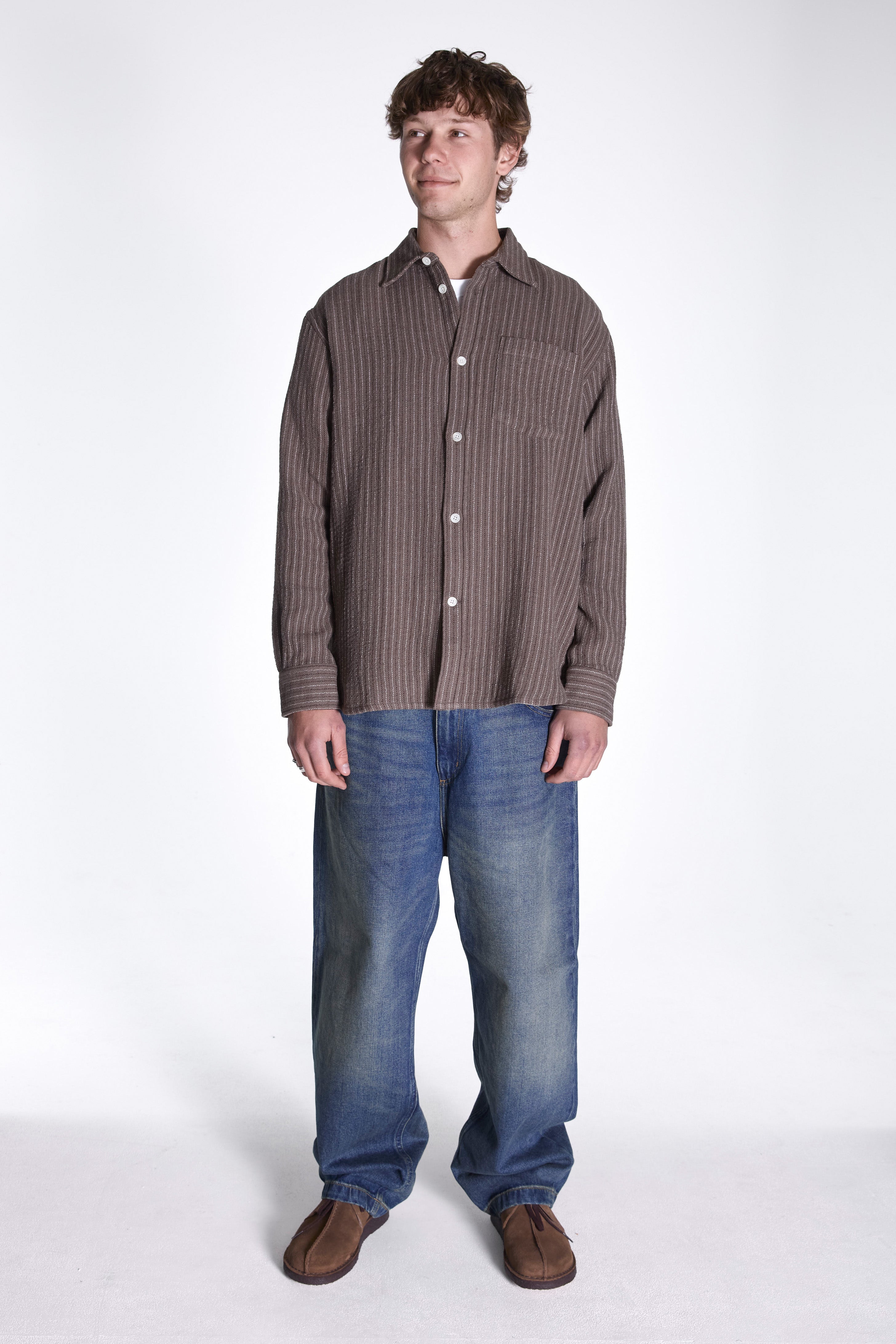 Ole Oversized Wool Stripe Shirt Seal Brown