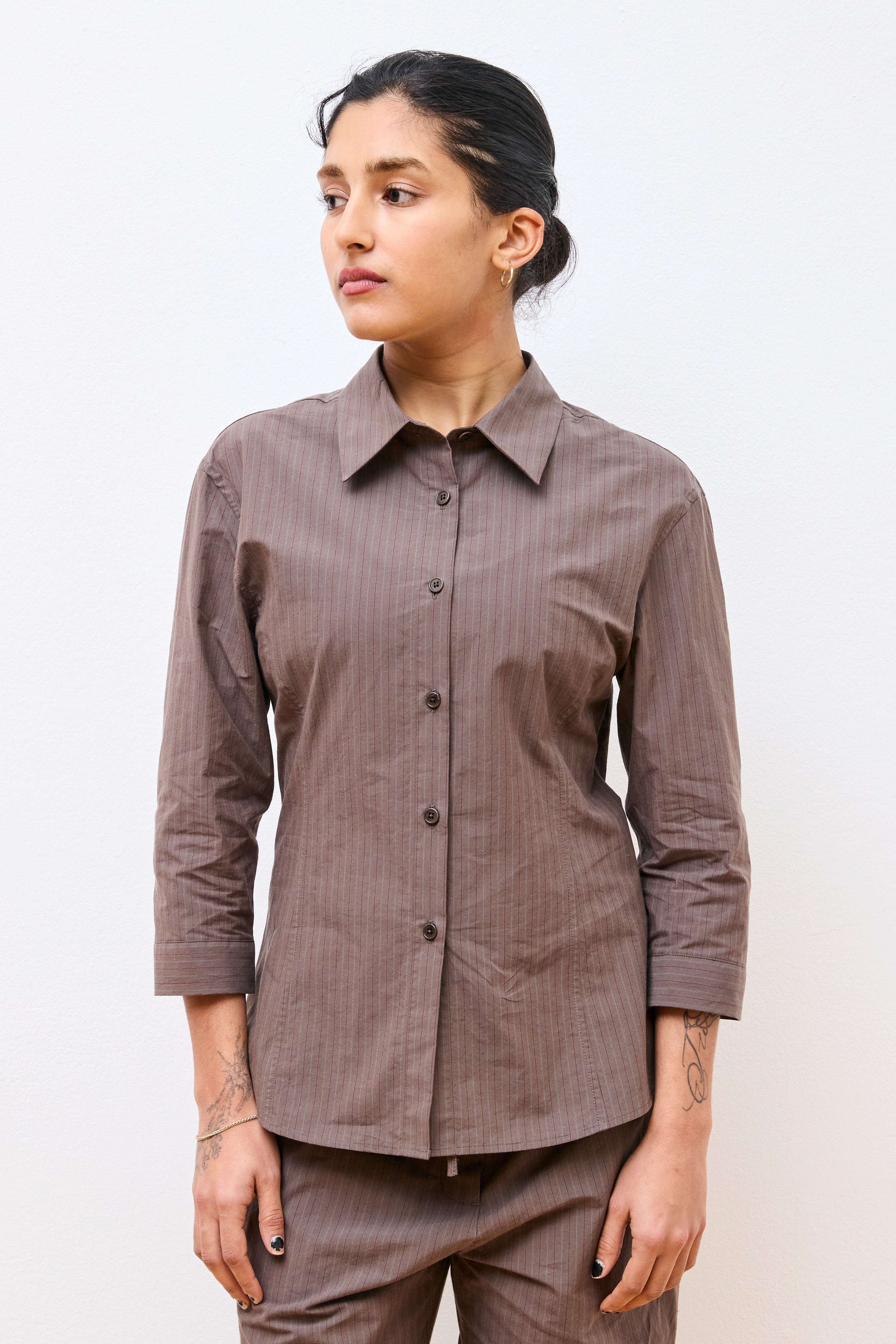 Stripe Half Sleeve Shirt Brown