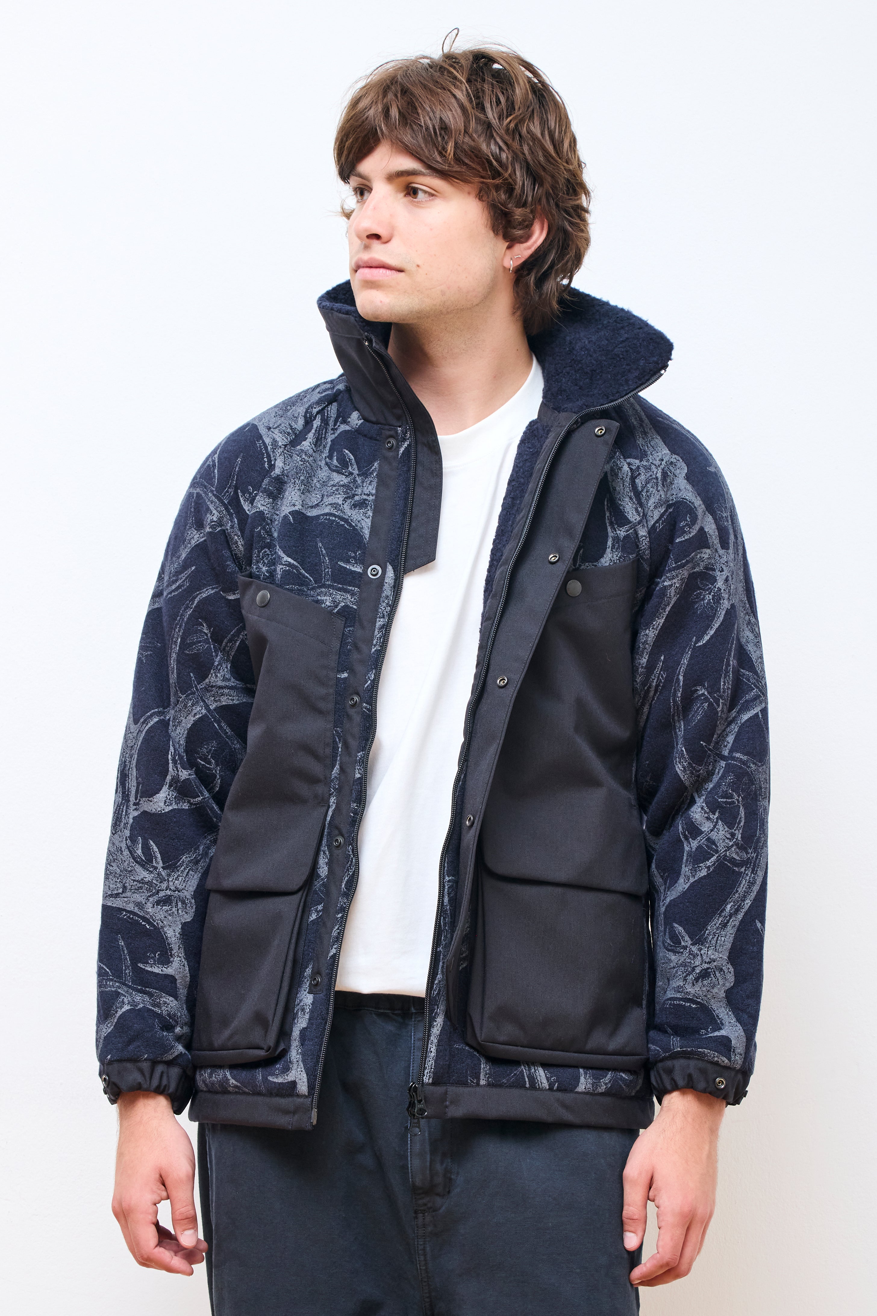 Horn Tree Print Wool Boa Jacket Navy