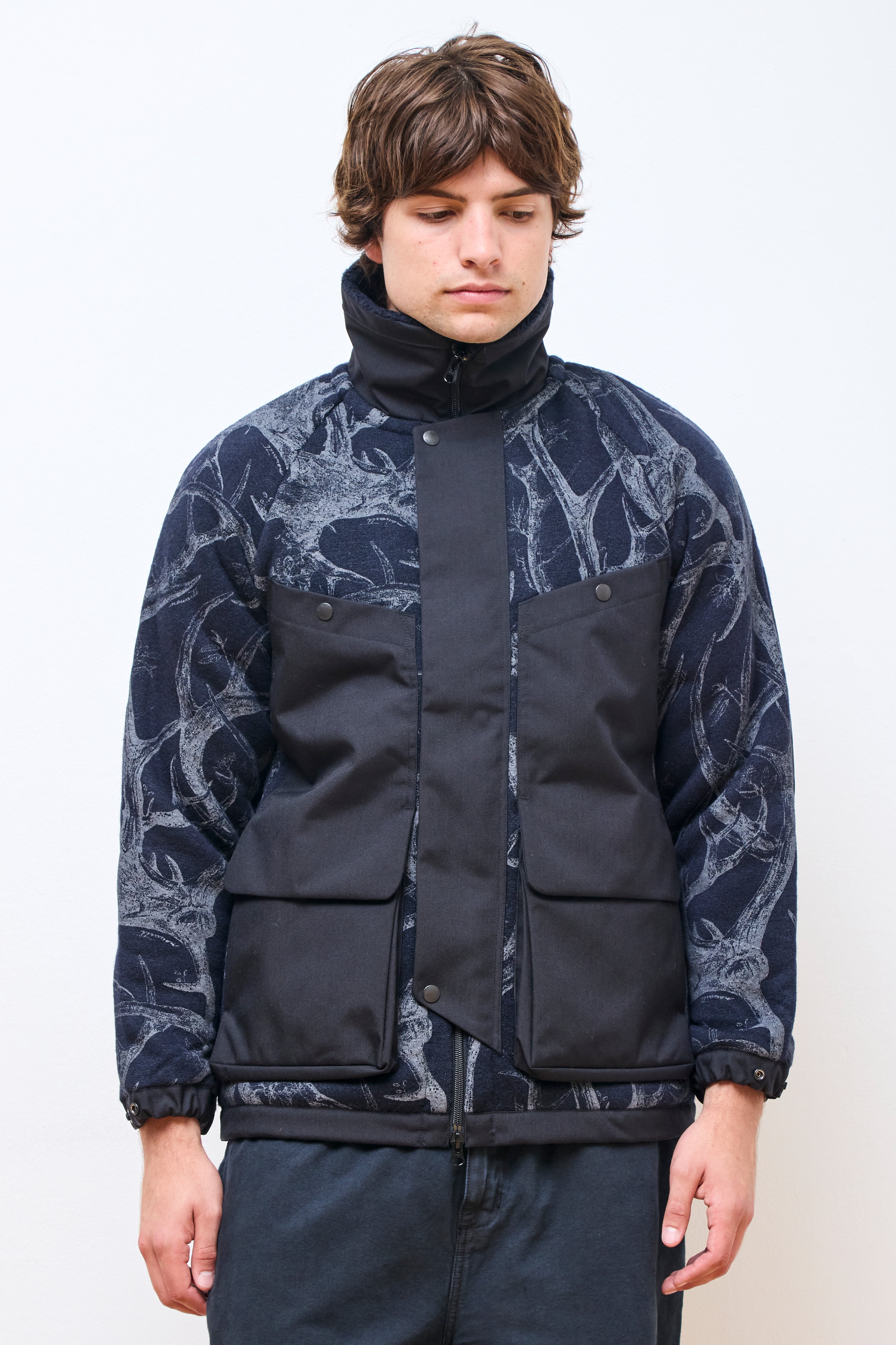 Horn Tree Print Wool Boa Jacket Navy