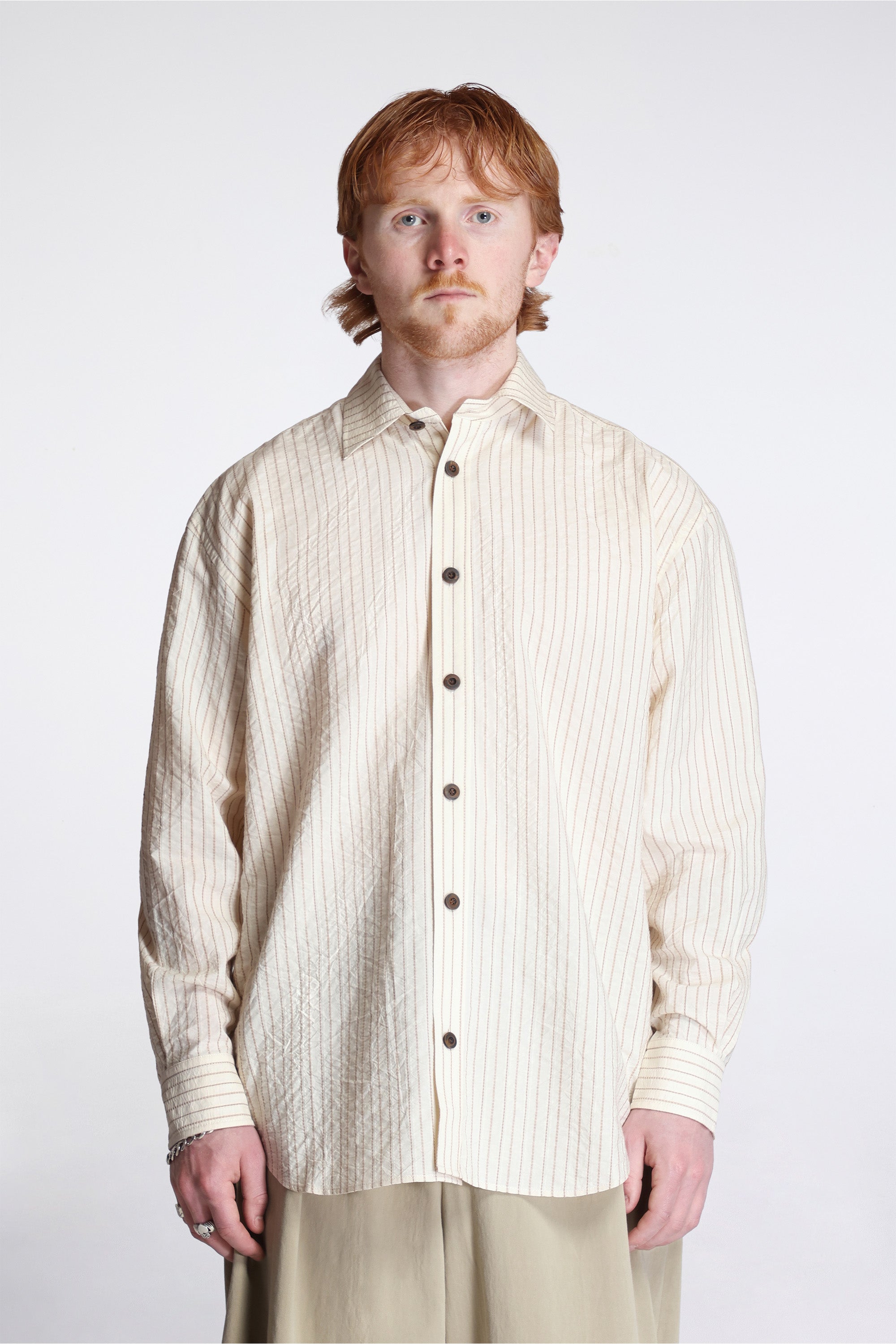 Grandpa Shirt Natural/Brown Striped Cotton Shirting