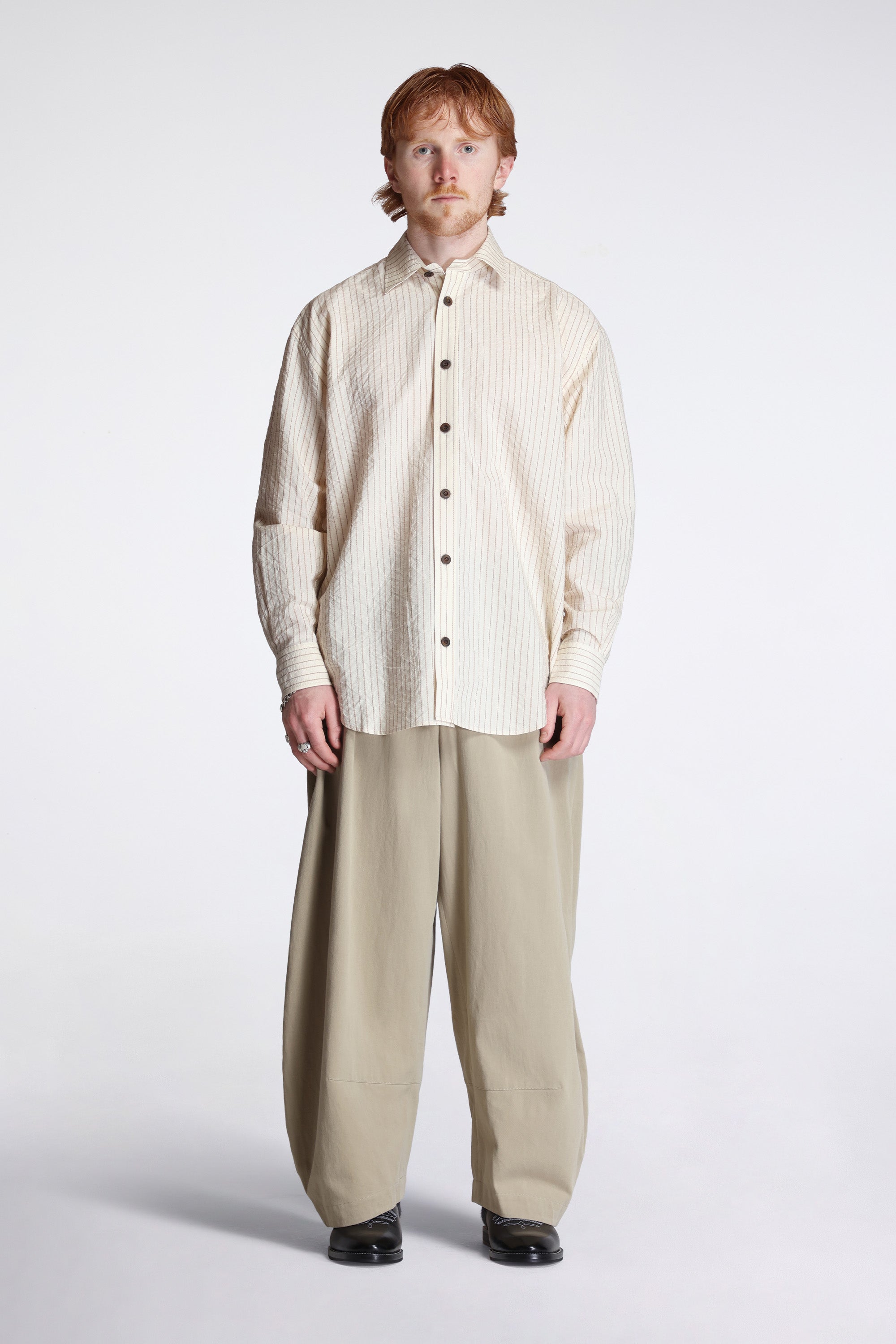 Grandpa Shirt Natural/Brown Striped Cotton Shirting