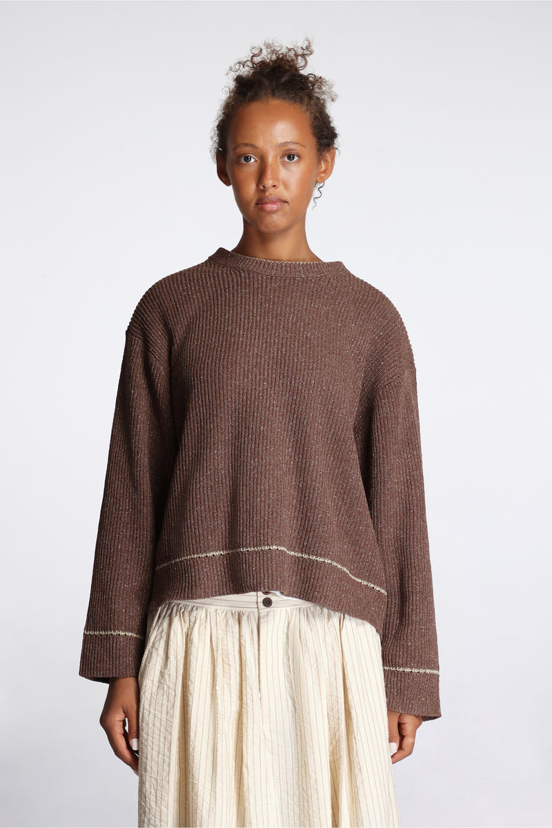 Contrast Crewneck Brown Mix Slub Silk