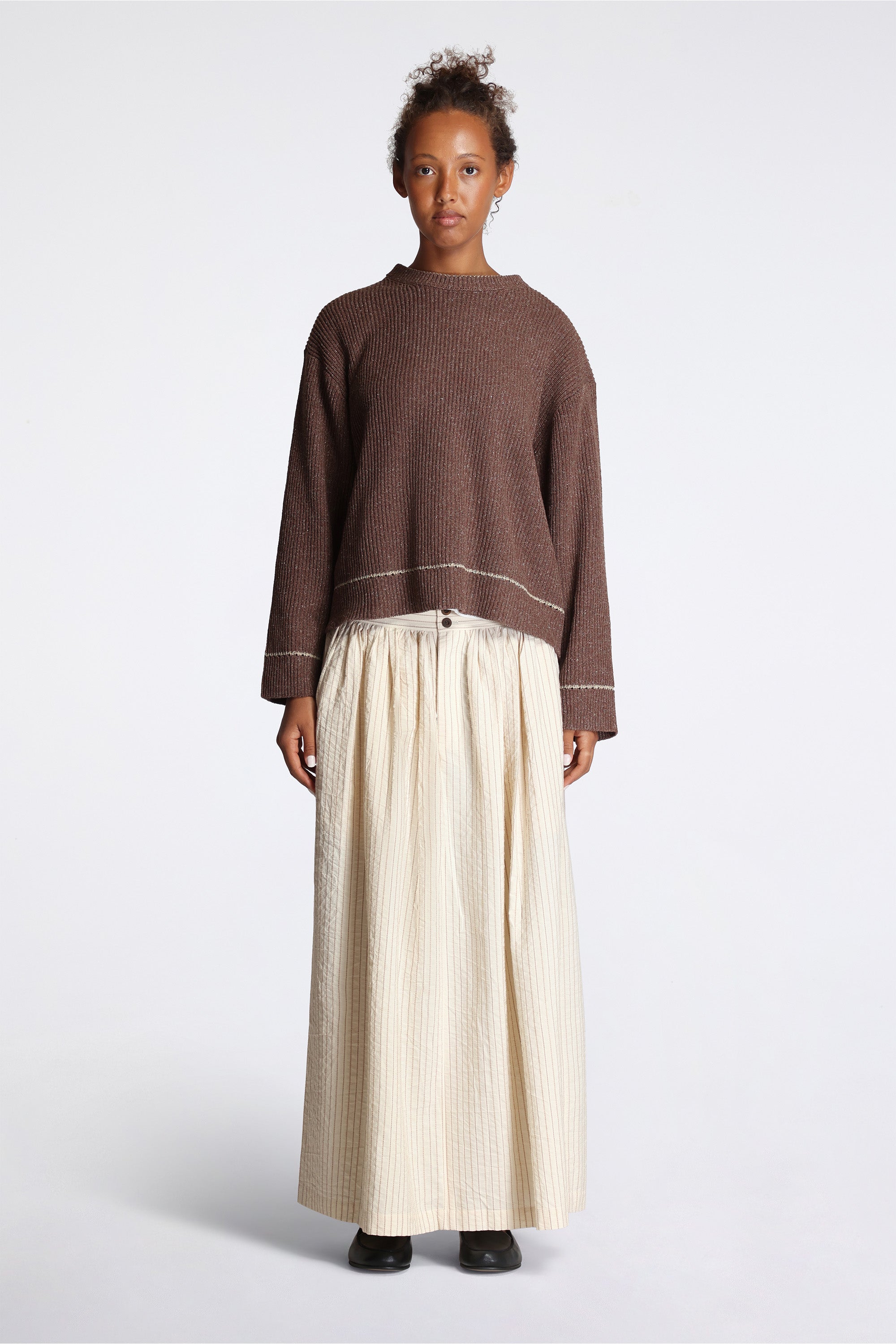 Contrast Crewneck Brown Mix Slub Silk