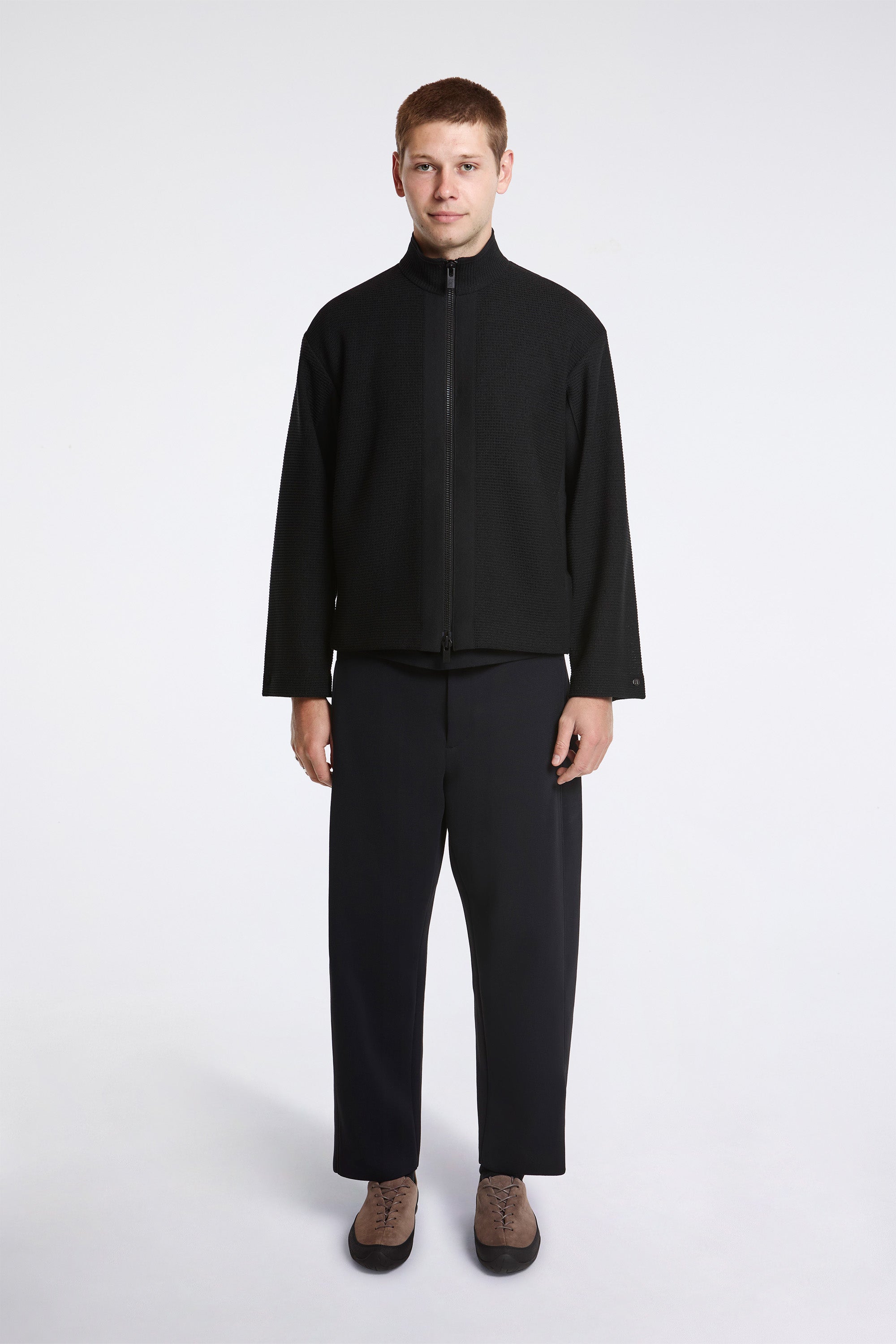 Waffle Lucent Stand Collar Zip Blouson Black