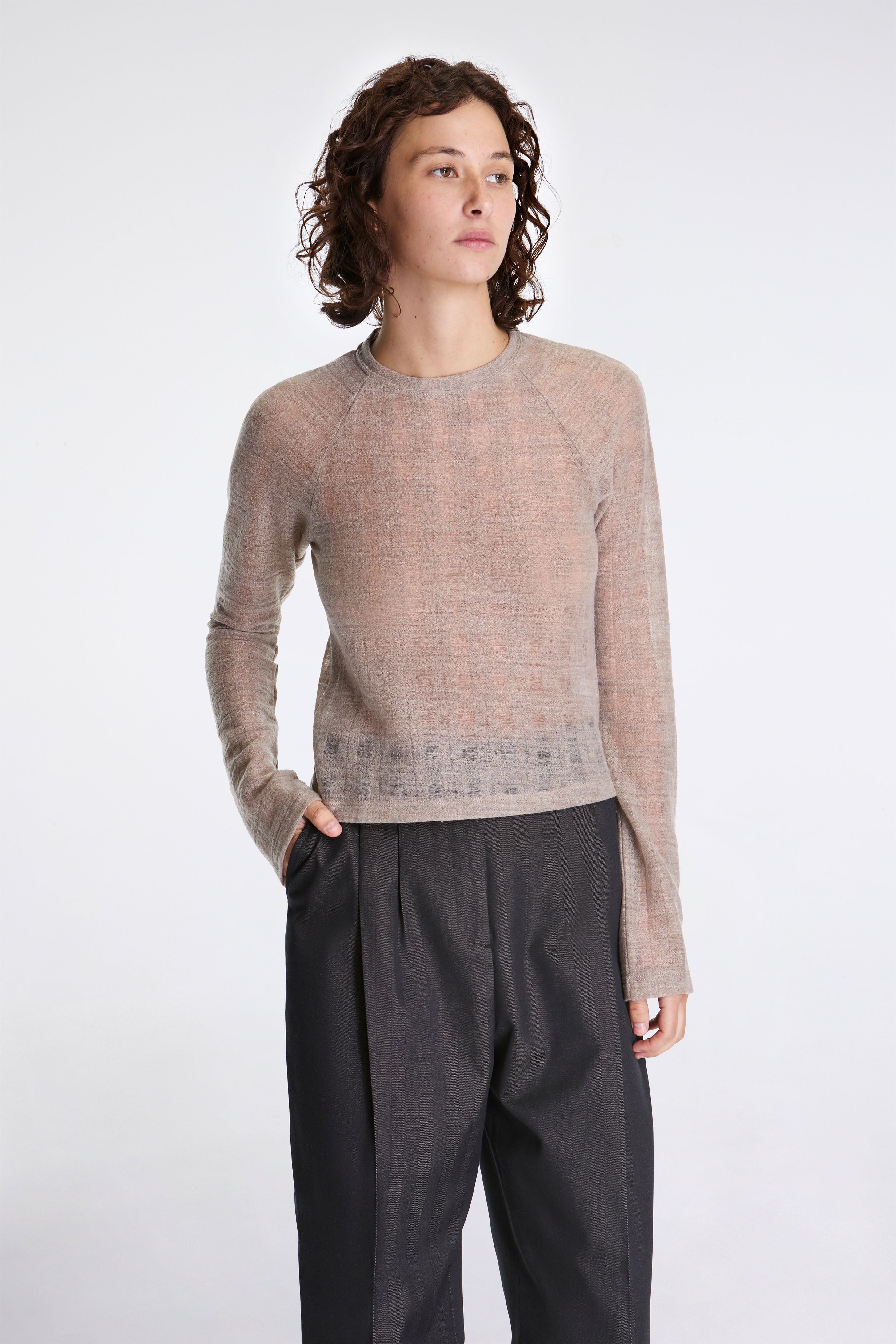 Raglan Ls Tee Beige Gauze Check