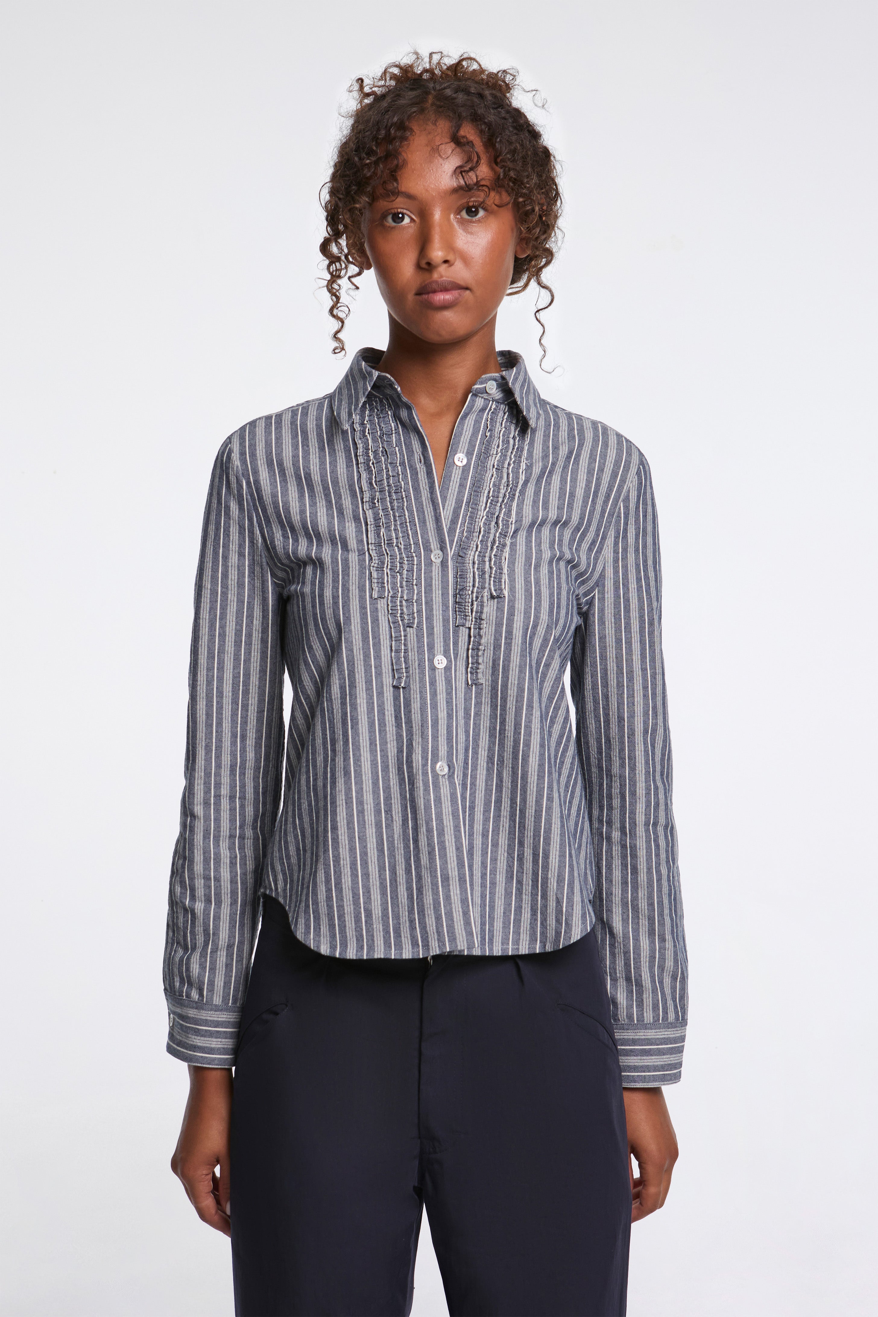 Ruched Placket Shirt Indigo Stripe