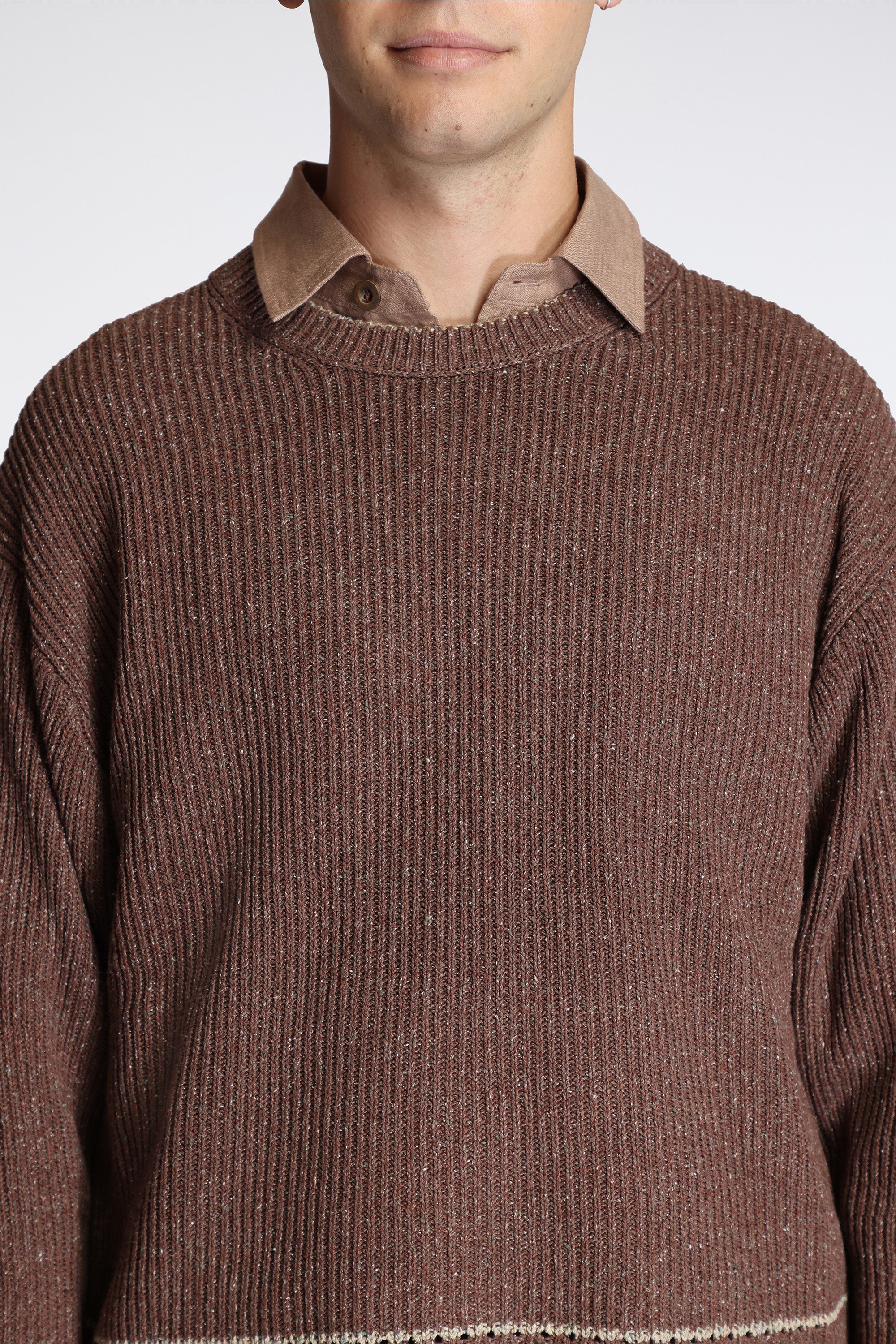 Contrast Crewneck Brown Mix Slub Silk