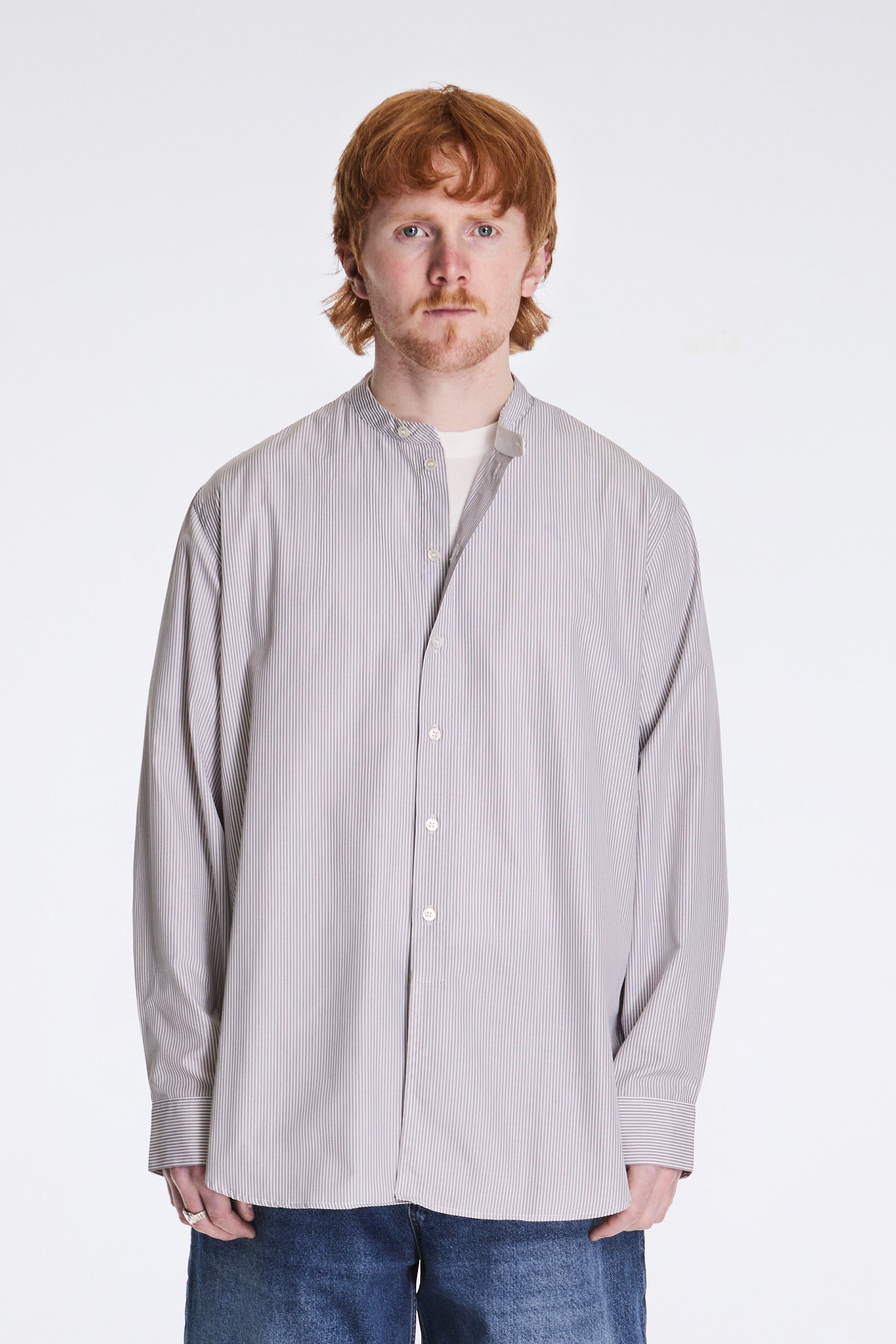 Nick Grandad Collar Shirt Narrow Shadow Stripe Grey