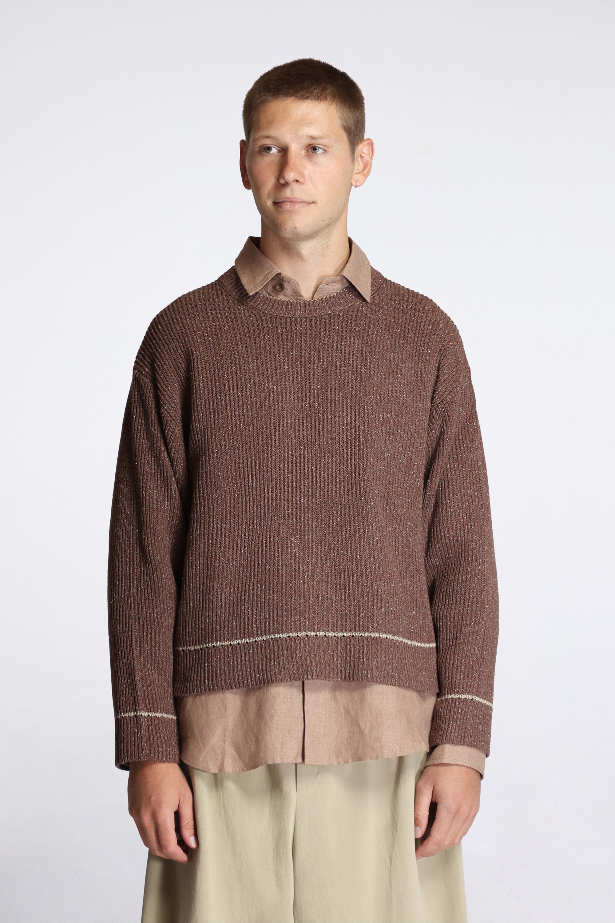 Contrast Crewneck Brown Mix Slub Silk