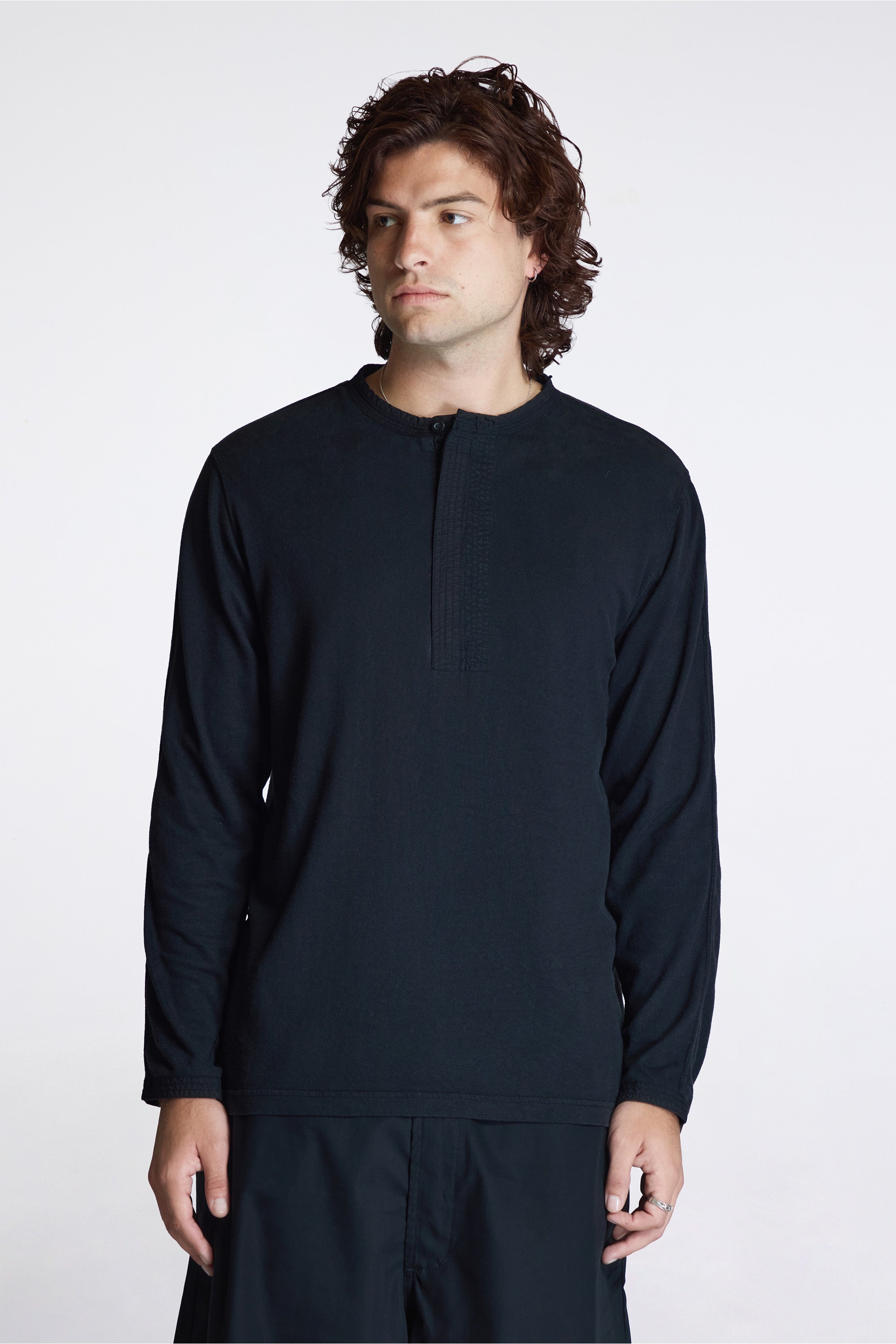 Cotton Hemp Henley L/S T-Shirt Black
