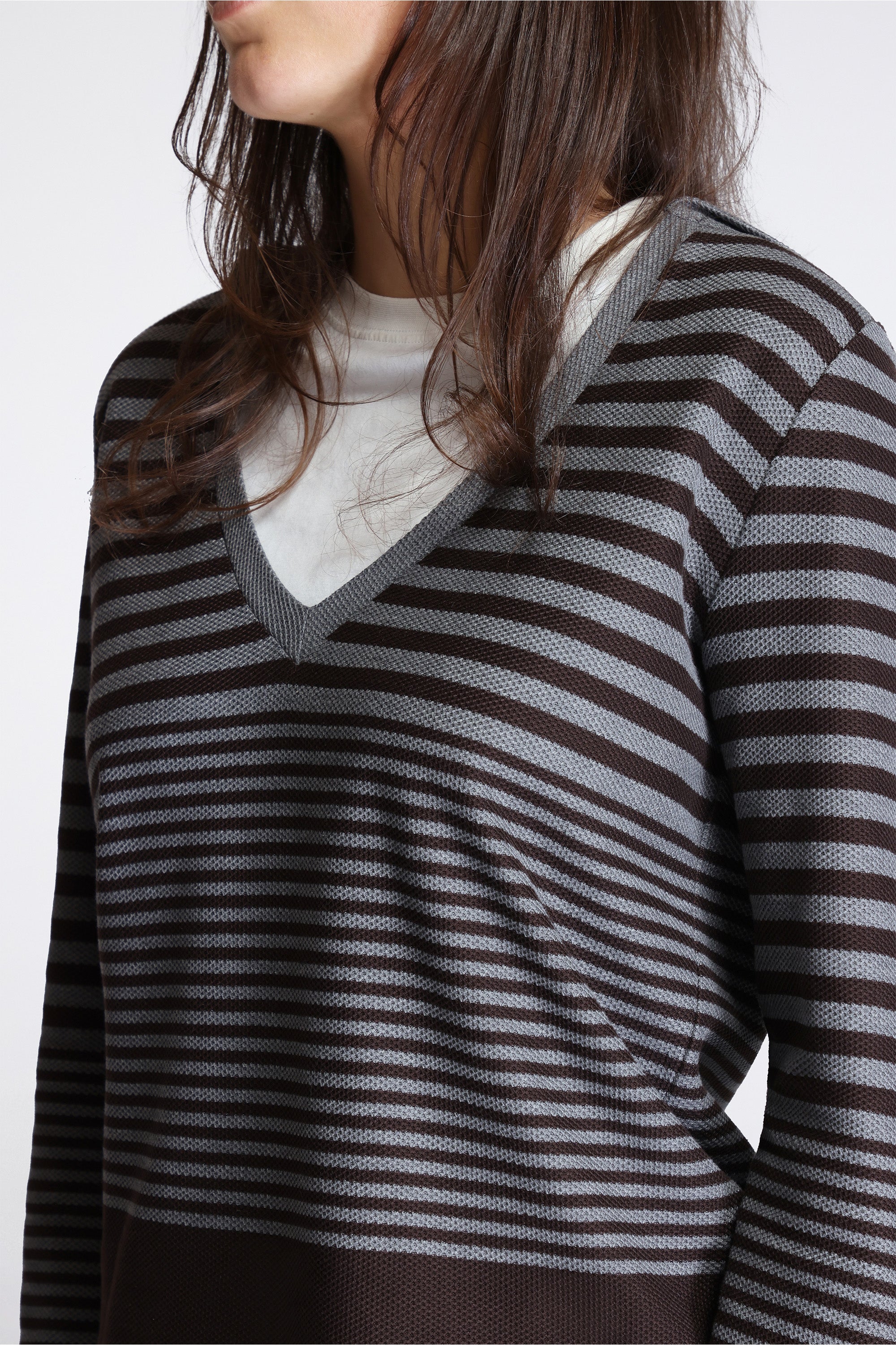 Hooded V-Neck Long Sleeve Cotton Waffle Stripe